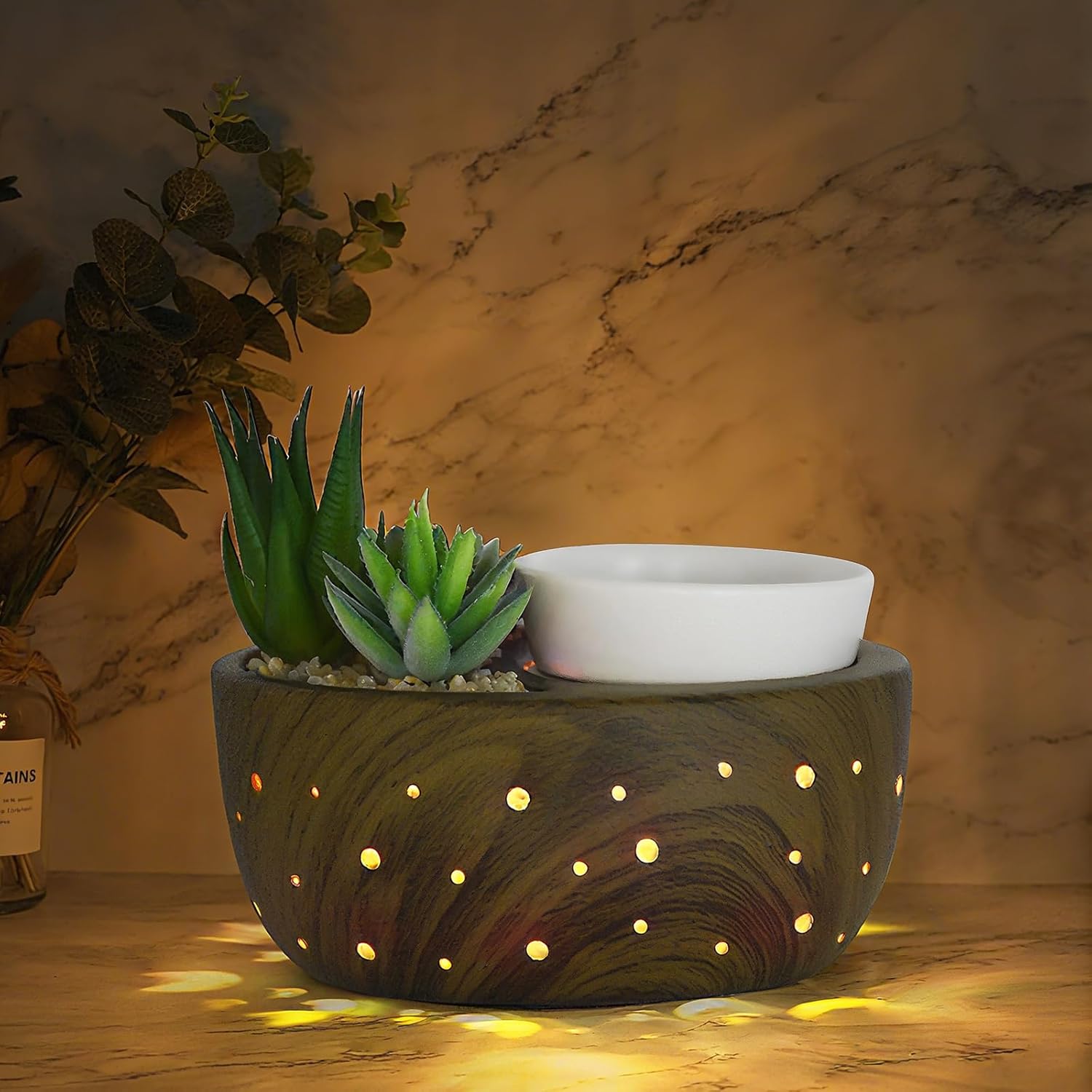 Ceramic Wax Melt Warmer with Japanese Design, 4-in-1 Electric Wax Warmer with PTC Heating Plate and 7-Color LED Lights, Succulent Bowl for Wax Melting, Oil Diffusion, Home Office Spa Decor