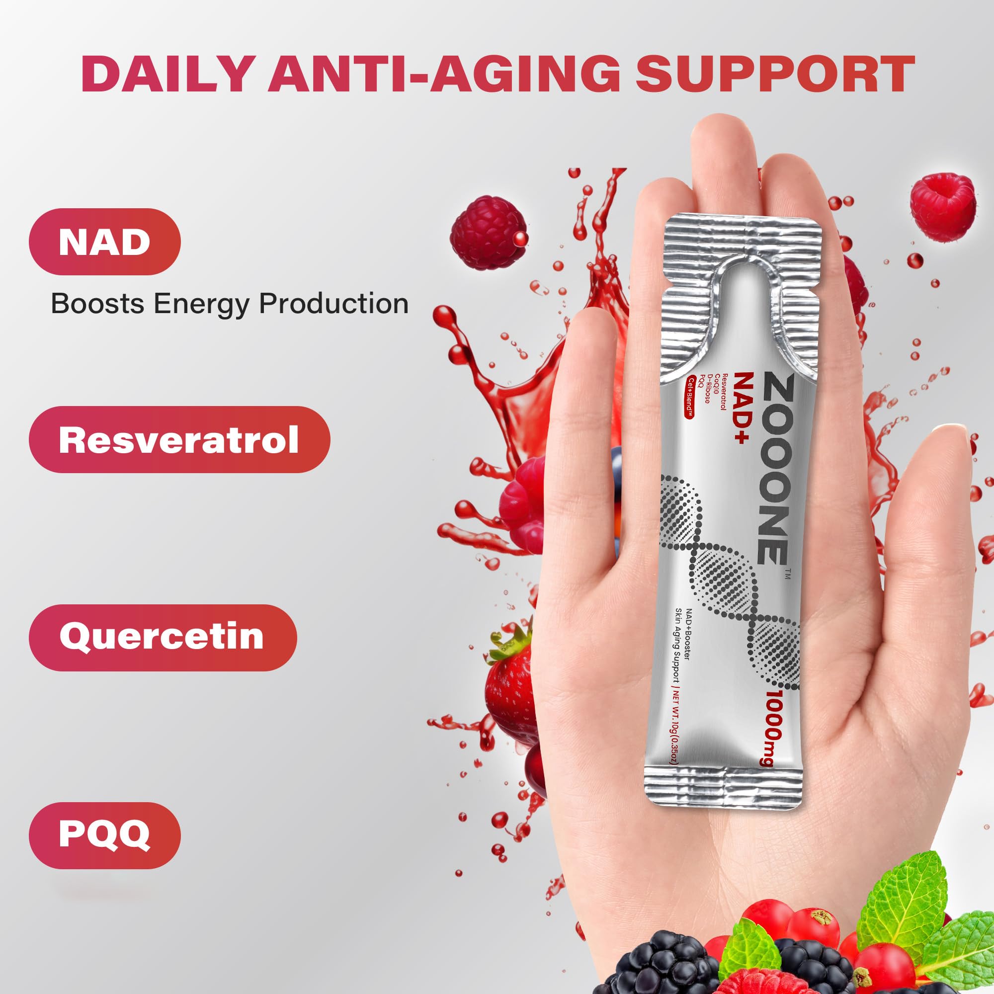 zooone NAD+ Liquid Packets 1000mg, NMN Supplement Alternative with Aging-Supportive Resveratrol, CoQ10, D-Ribose & PQQ for Cellular Energy, 30 On-The-Go Single Serve Packets — Amazon image 3