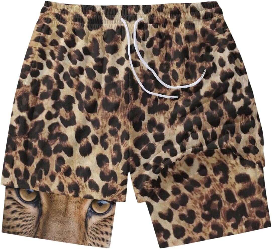 VIPWOLF Men's Cheetah Print Workout Shorts with Liner Drawstring Leopard 2 in 1 Running Athletic Shorts Fitness Clothing