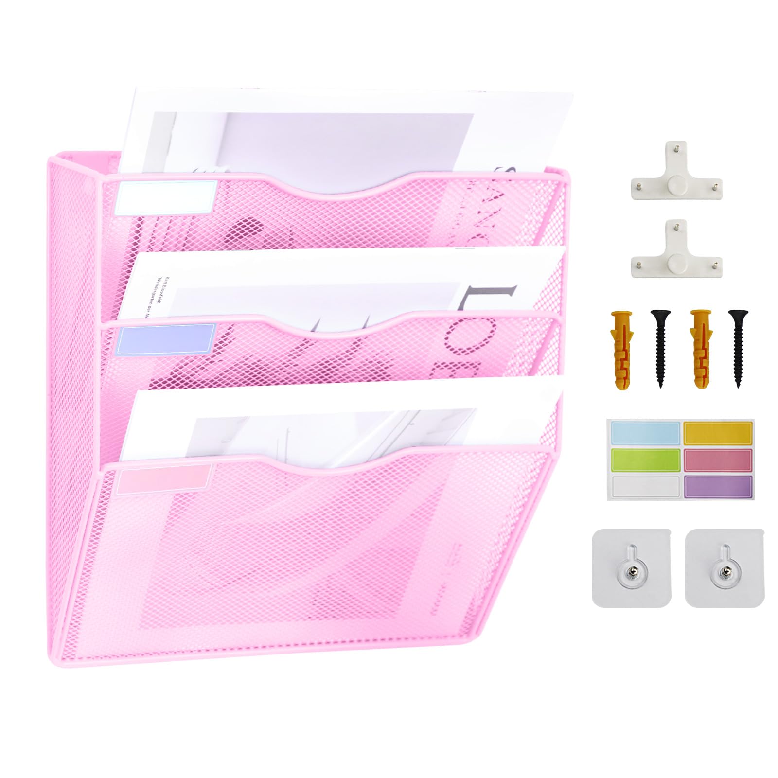 ideallife 3 Pockets Mesh Wall File Holder Organizer Office Hanging File Folder Magazine Rack, Nametag Label Hooks Set Included (Pink)