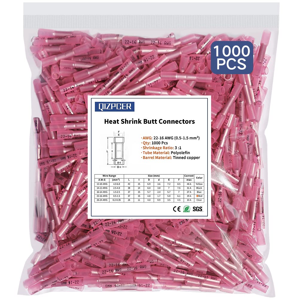 1000 Pcs Red Heat Shrink Butt Connectors, 22-16 AWG Marine Grade Insulated Crimp Wire Connectors, Waterproof Electrical Connectors Butt Splice for Boat Truck Wiring