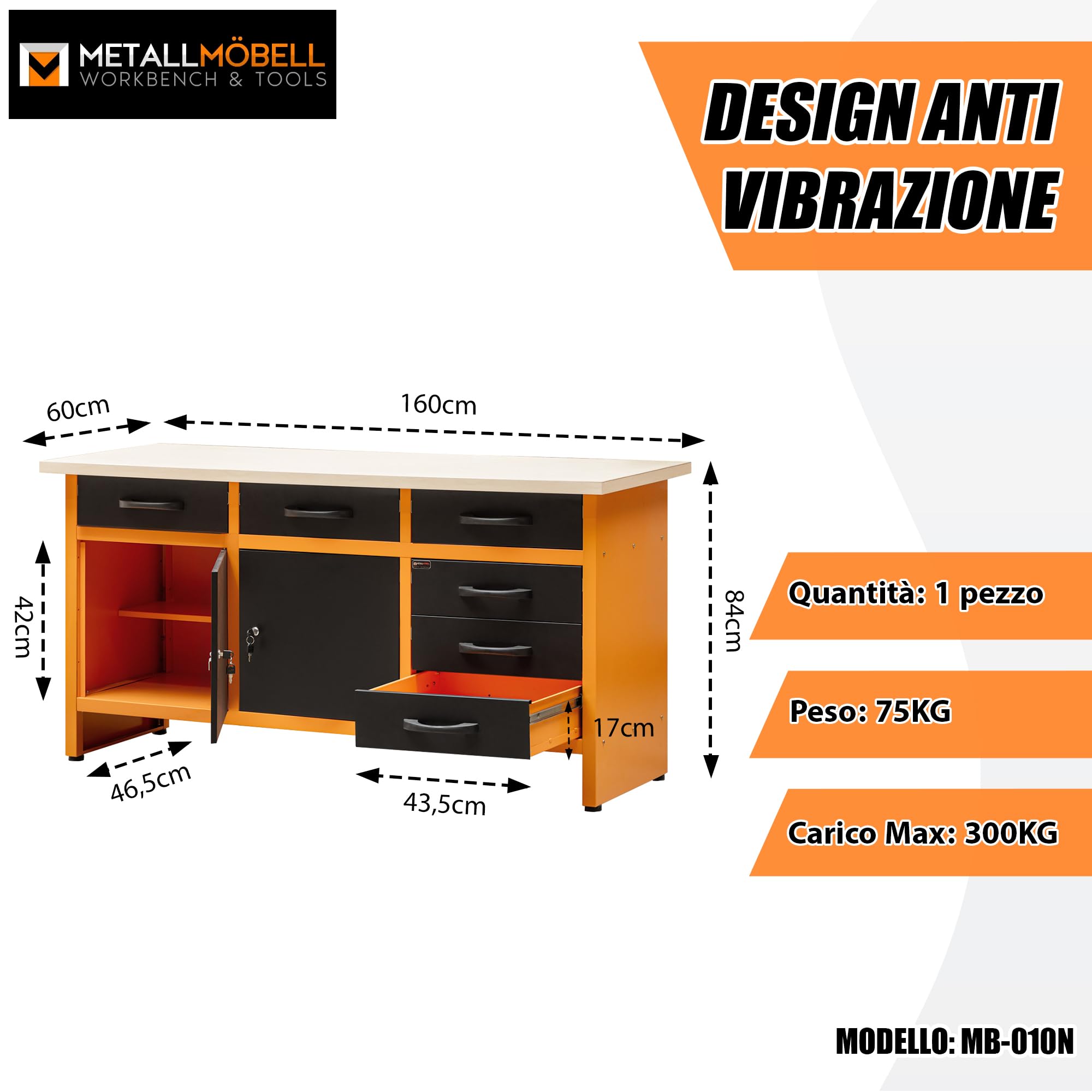 METALLMOBELL - Banco da Lavoro Officina, 160x60x84cm, con Cassetti e Armadietto, Tavolo da Lavoro Garage, Banchetto da Lavoro, Banco da Falegname, Banco da Lavoro Garage, Banco Lavoro MB010N