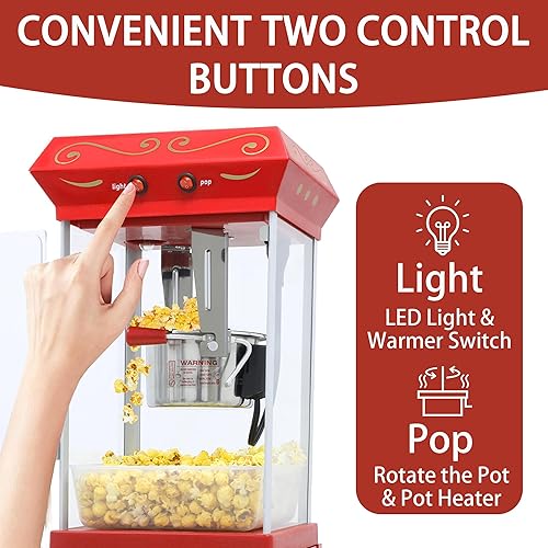 Miniatura 2 de Máquina de palomitas de maíz con carrito y ruedas de 8 onzas, máquina de palomitas de maíz con hervidor de acero inoxidable de 800 W, máquina de