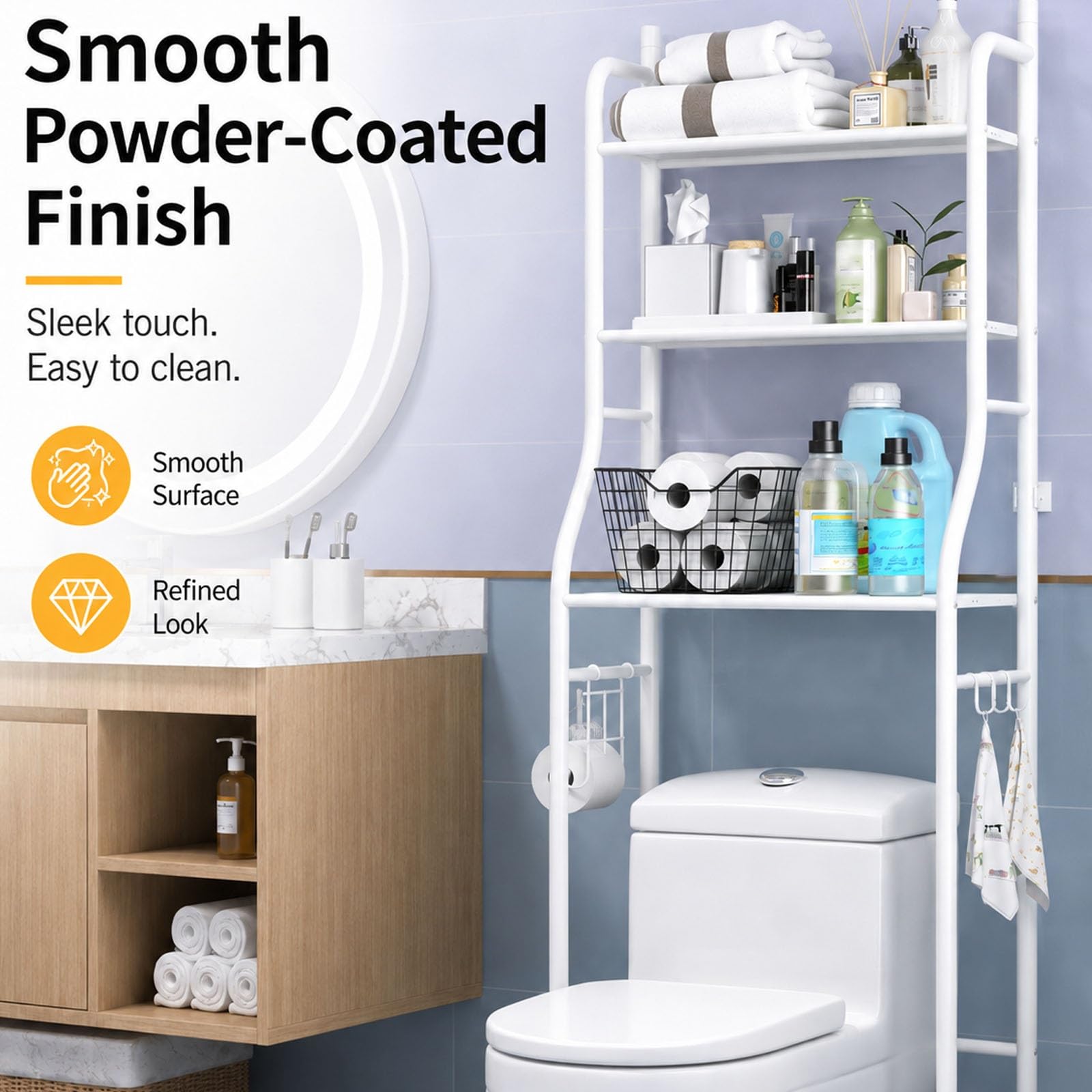 Mobile Sopra WC a 3 Ripiani, Scaffale Portaoggetti Bagno Autoportante | Organizzatore WC Salvaspazio per Piccoli Bagni, Mensola Sopra Toilette per Asciugamani(White)