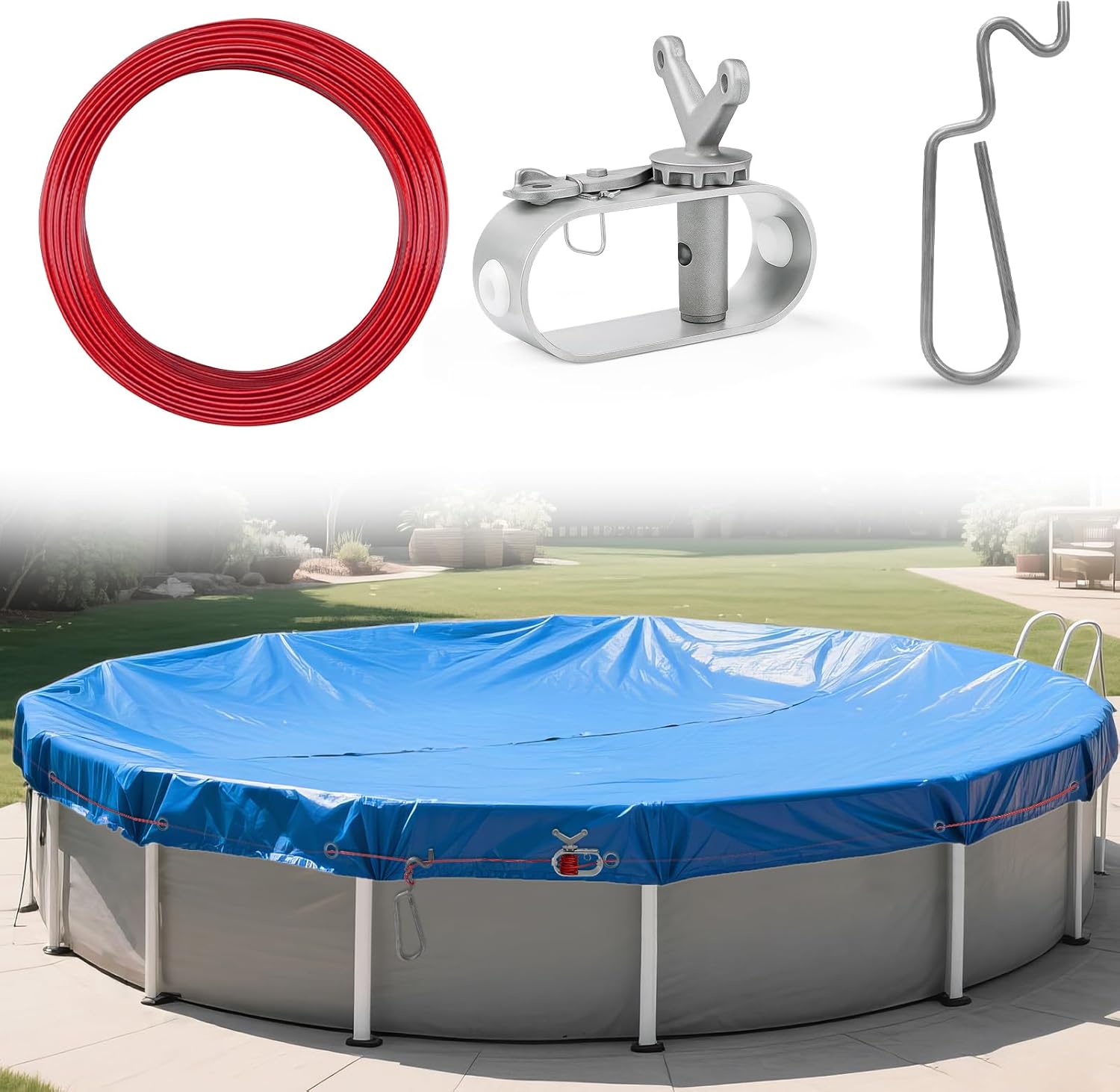 Heavy Duty 100FT Pool Cover Cable and Winch Kit with Tightener, Winterizing Wire and Ratchet Fastener for Securing Above Ground Swimming Pool Covers, Patio, Lawn and Garden Pool Accessories (Red)