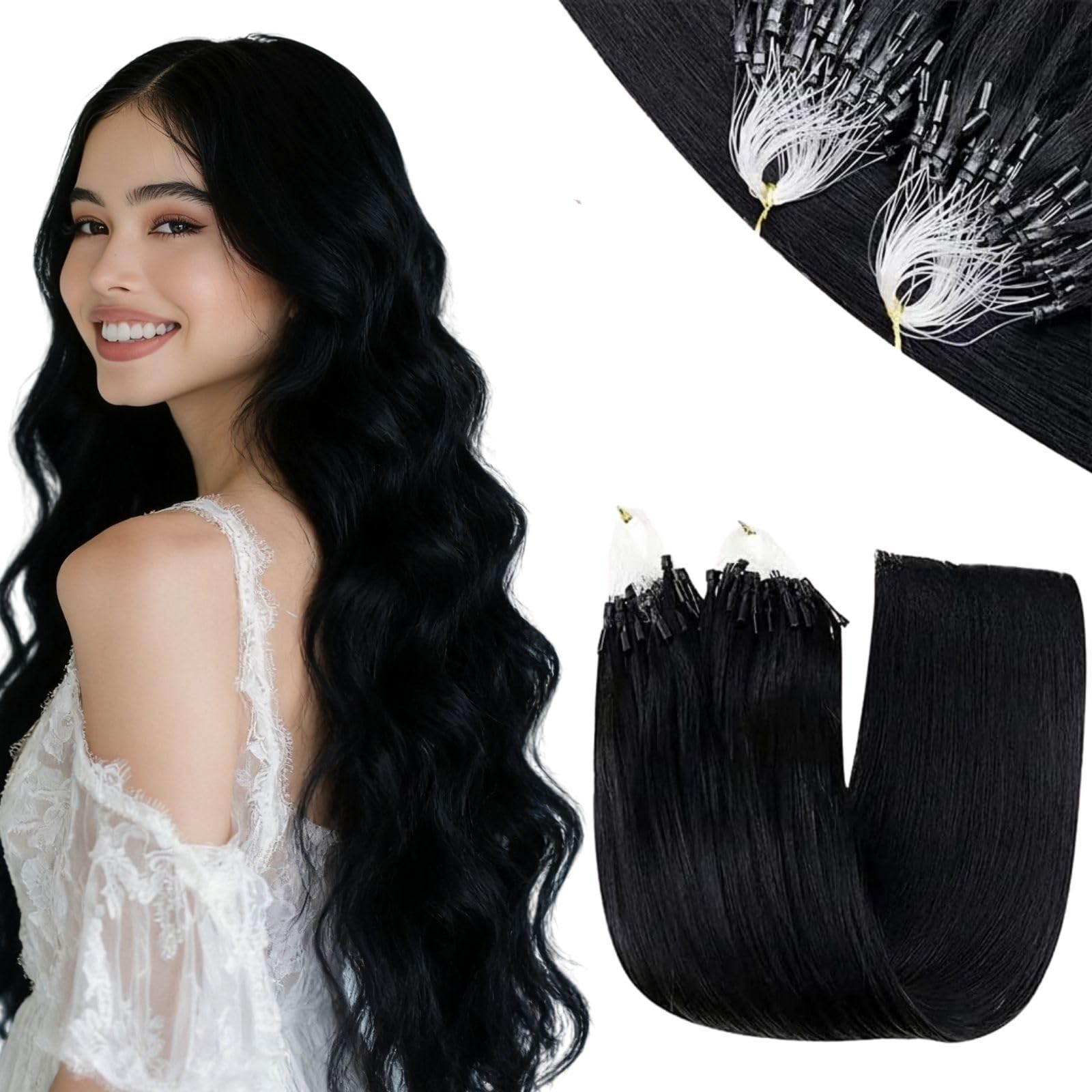 RUNATURE 18 Inch Nano Hair Extensions Real Human Hair Black Balayage Brown Nano Beads Hair Extensions Real Human Hair Ombre Blonde Invisible Straight Remy Nano Rings Hair 50g 50s #1b/4/27 — view 15