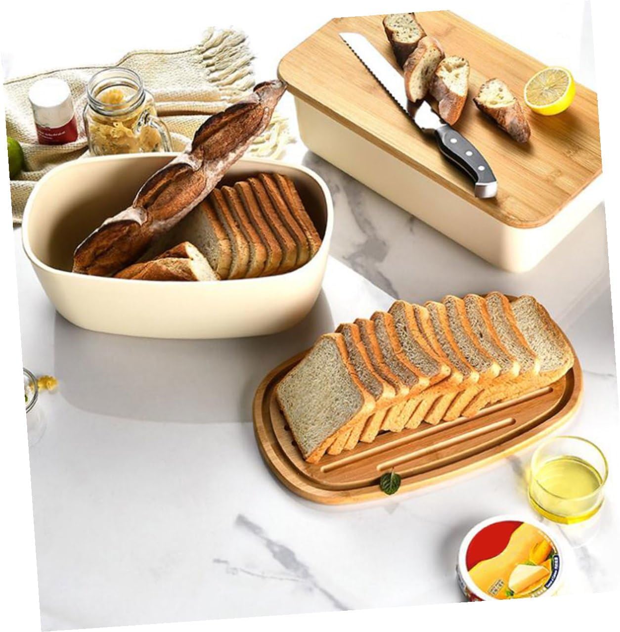 Yardwe Bread Box Bread Container with Oak Lid Oval Multi-function Toast Storage Box Kitchen Countertop Fresh Keeping