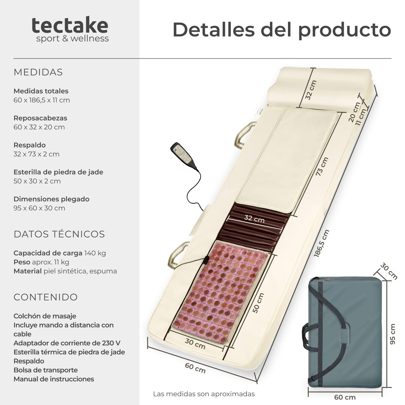 tectake® Colchoneta Masajeador Espalda con Alfombrilla de Calor de Jade, 10 Cabezales de Masaje Plegable con Bolsa de Transporte para Masajeador Espalda y Cuerpo - 186,5 x 60 x 11 cm