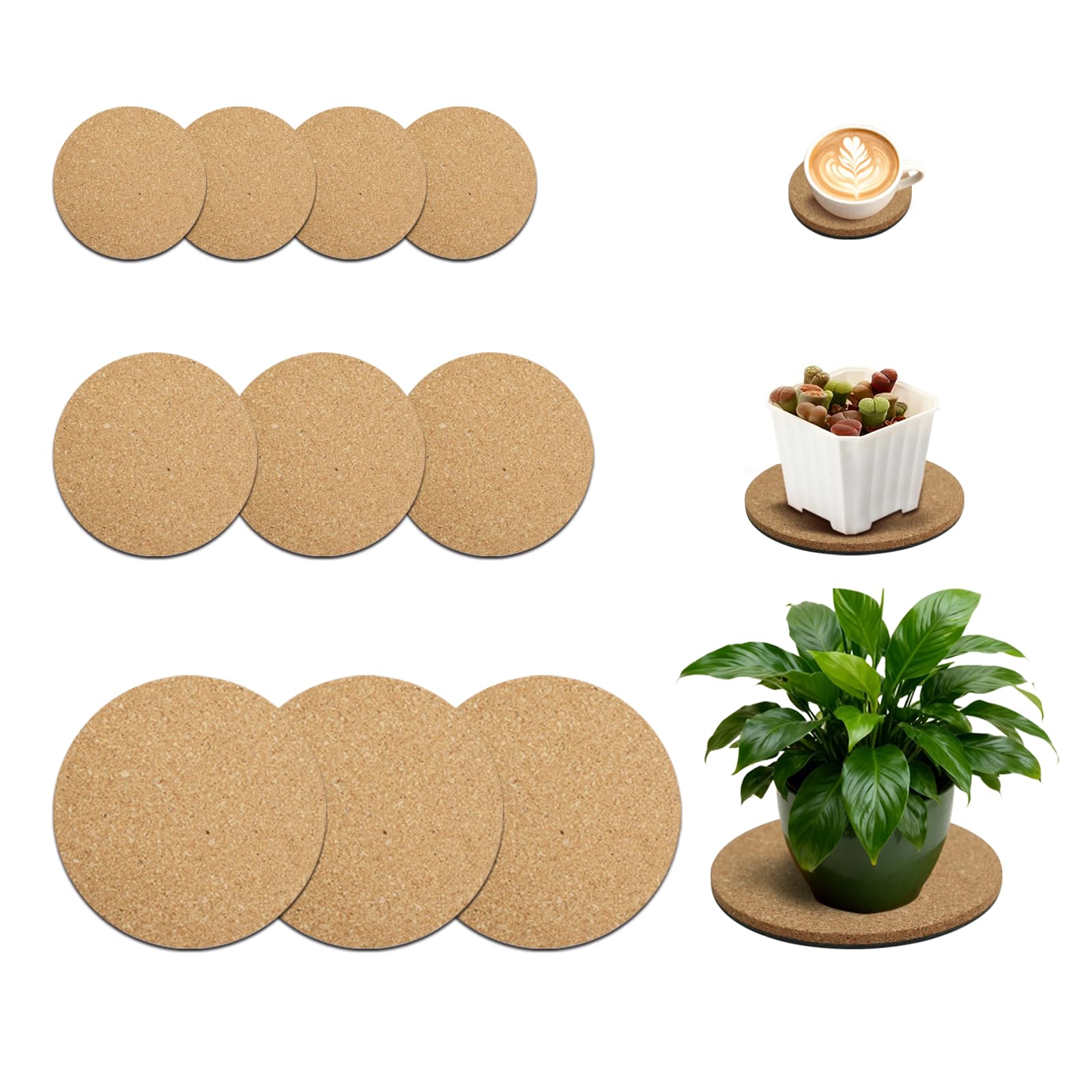 Bamworld 10-Piece Cork Plant Saucers, 4/6/8 Inch Absorbent Coasters for Indoor Planters, Natural Wood Trays for Table and Floor Protection