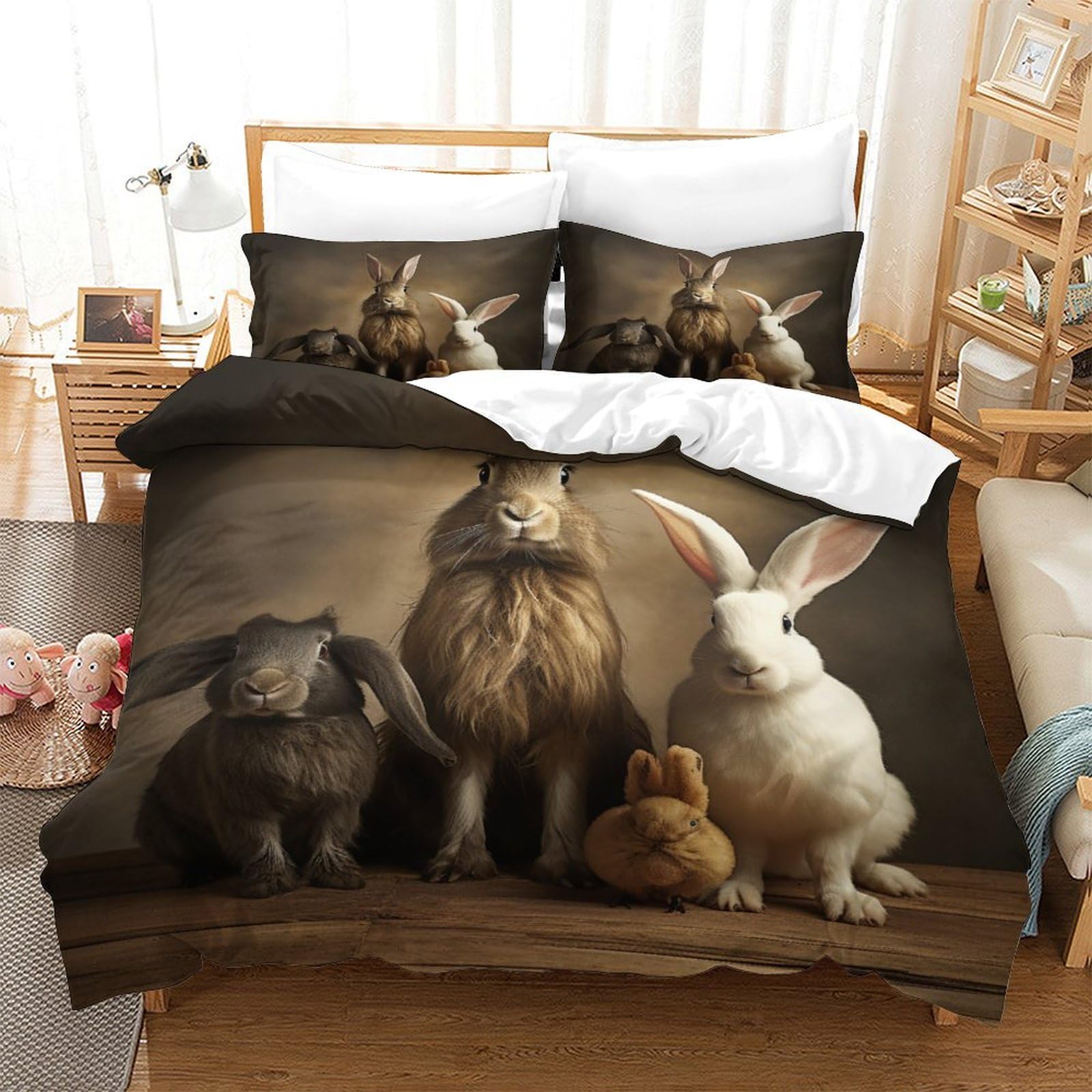 P1S9U7W5Y 3D Printed Cute Bunny Animal Duvet Cover Set 3 Pieces Microfiber Bedroom Decor Rabbit Bedding Set for Adults Teens Soft All Seasons Double（200x200cm）