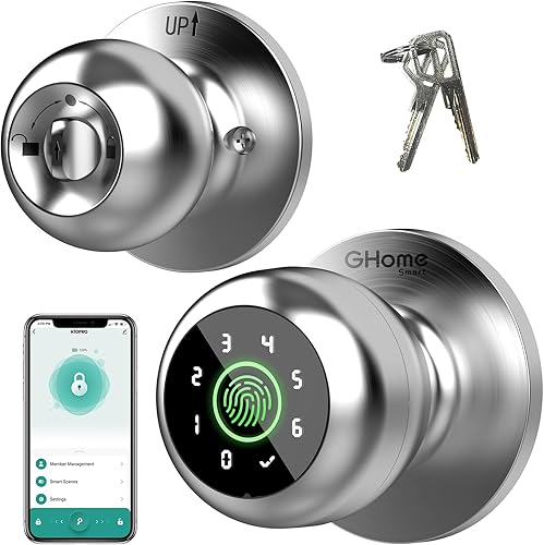GHome Smart Cerradura de puerta de huellas dactilares, perilla de puerta inteligente 4 en 1 con teclado, control de aplicación, bloqueo automático,