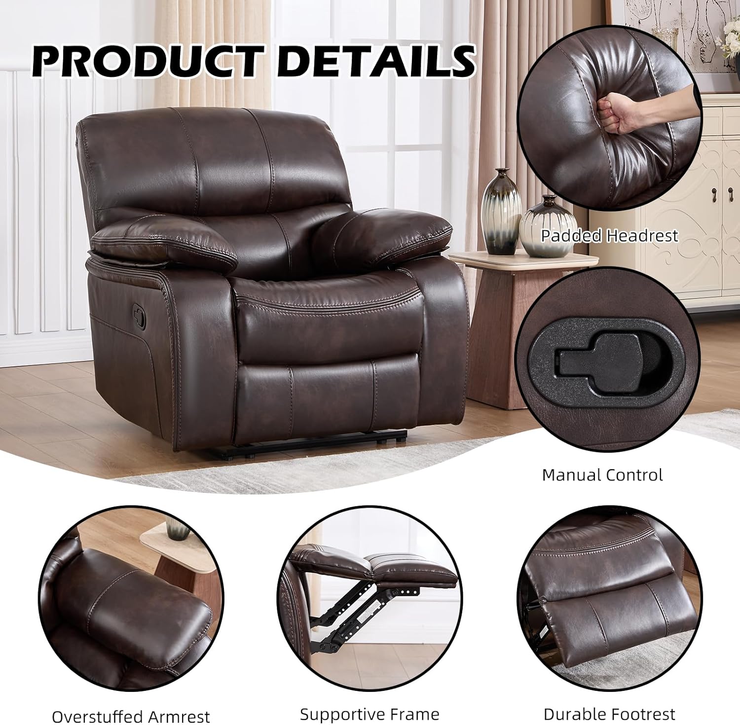 EBELLO Faux Leather Manual Recliner Chair, Americana Minimalist Single Reclining Sofa Chair with Footrest, Padded Headrest & Armrests Premium Furniture for Living Room, Bedroom, Brown