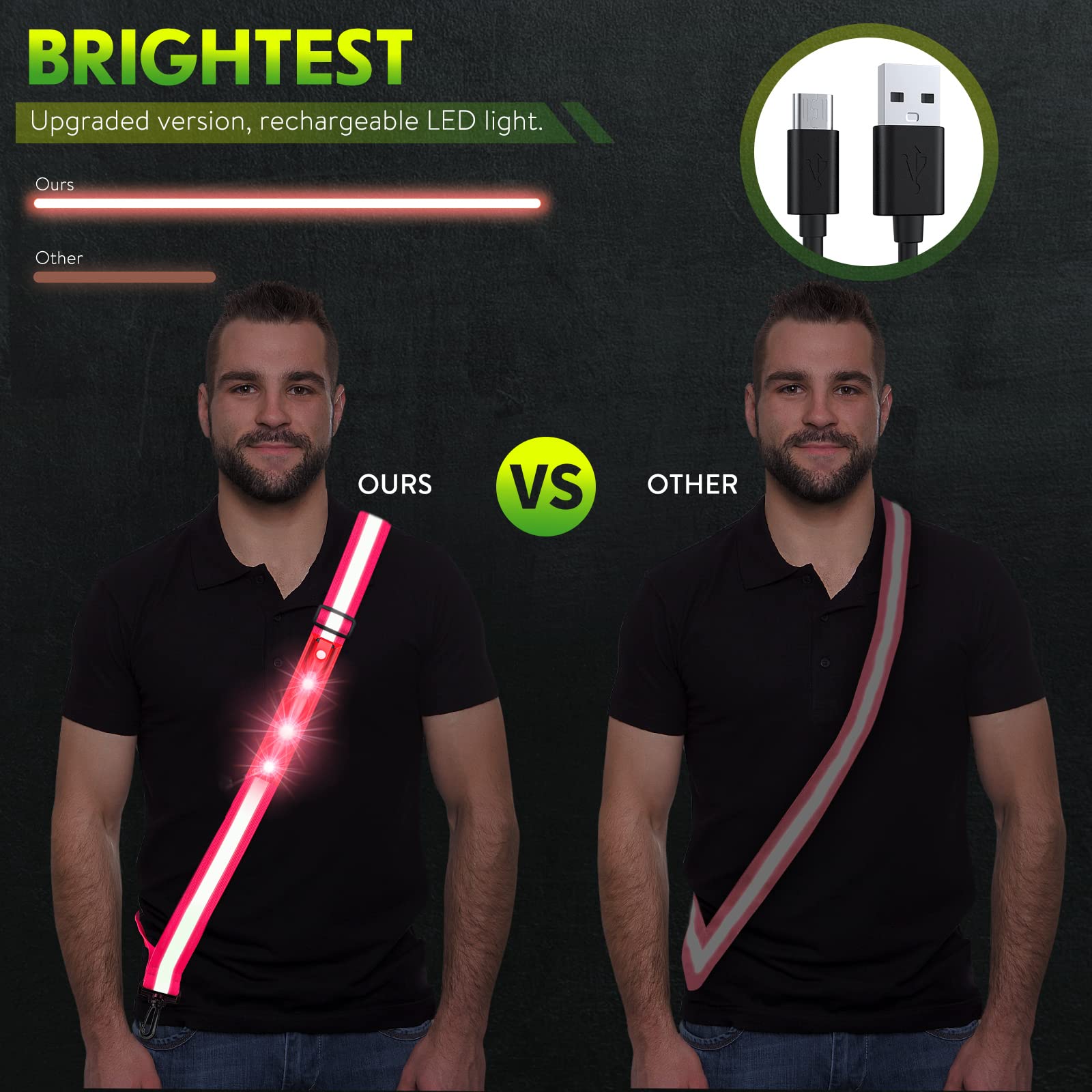 Ceinture réfléchissante pour la marche de nuit avec bande LED, ceinture de sécurité réfléchissante pour les promeneurs, lumières pour la promenade de nuit avec chien, haute visibilité Type-C