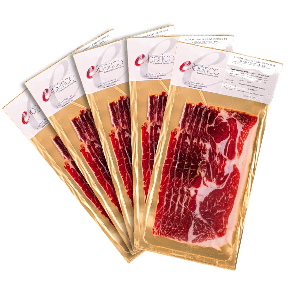 EIbérico - Jamón de Cebo Ibérico 50% Raza Ibérica – Loncheado al Vacío para Mayor Frescura – Sabor Tradicional y Gourmet – Producto Español (Pack 5 Sobres)