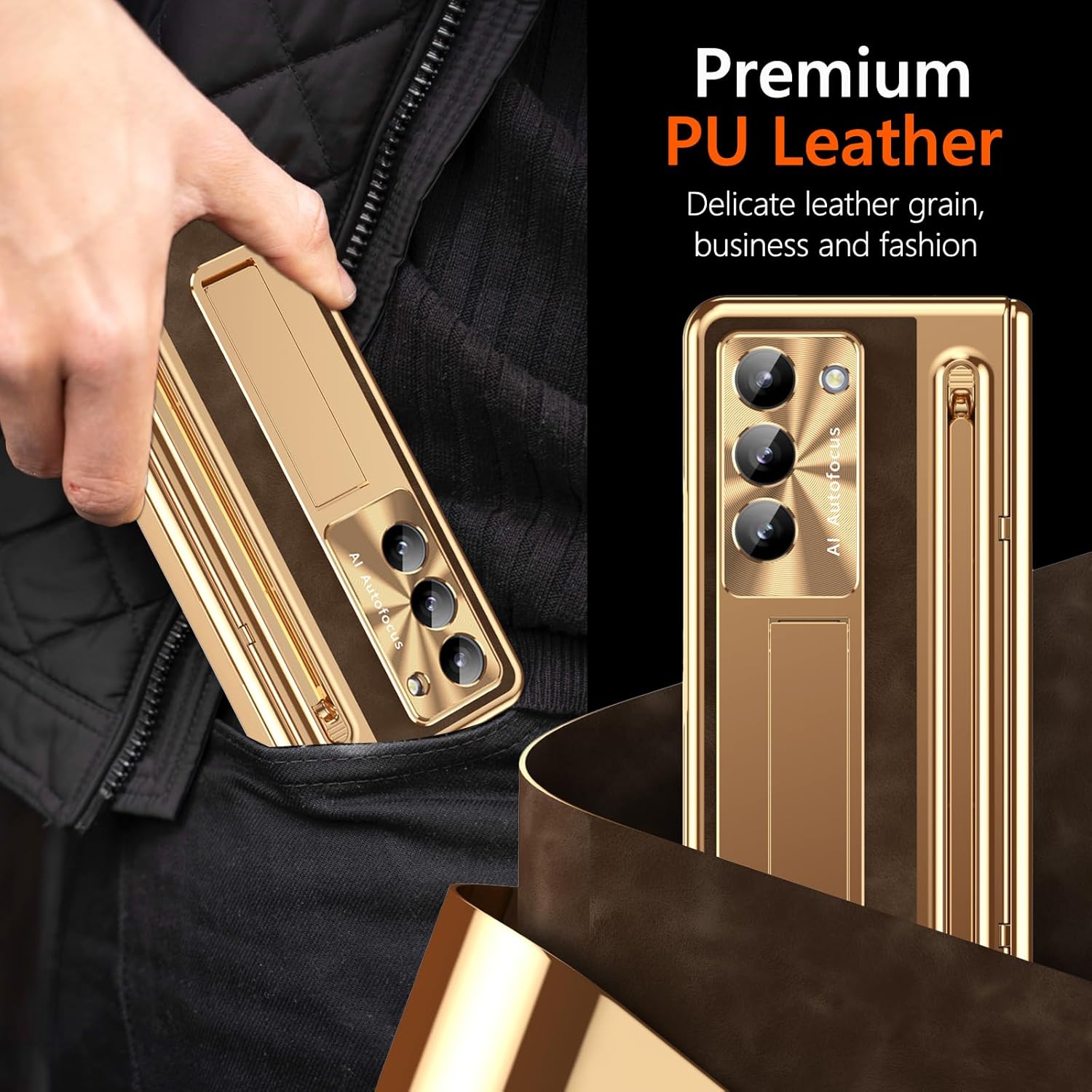 for Samsung Galaxy Z Fold 5 Case with S Pen Holder & Stylus, Fold5 Phone Case with Privacy Screen Protector Kickstand Camera Protector Pemium Leather Protective Cover for Z Fold 5 Gold+Coffee