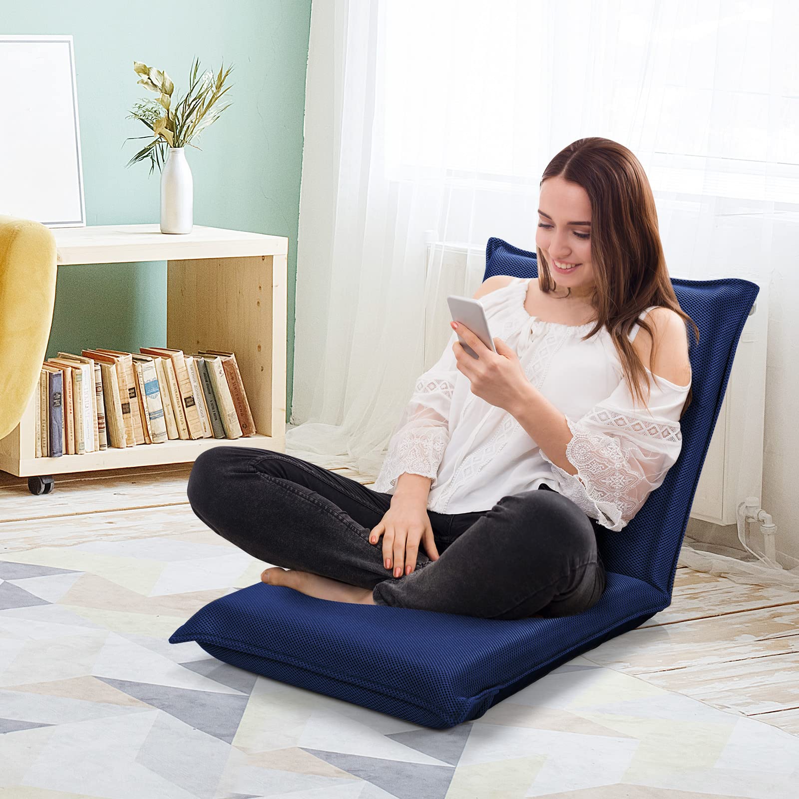 RELAX4LIFE Chaise de Sol Pliante avec Dossier Réglable en 6 Position, Tatami pour Lire & Jouer & Méditer dans Salon, Chambre, Bureau, (52-98) x44x(47-7) cm (Bleu foncé)