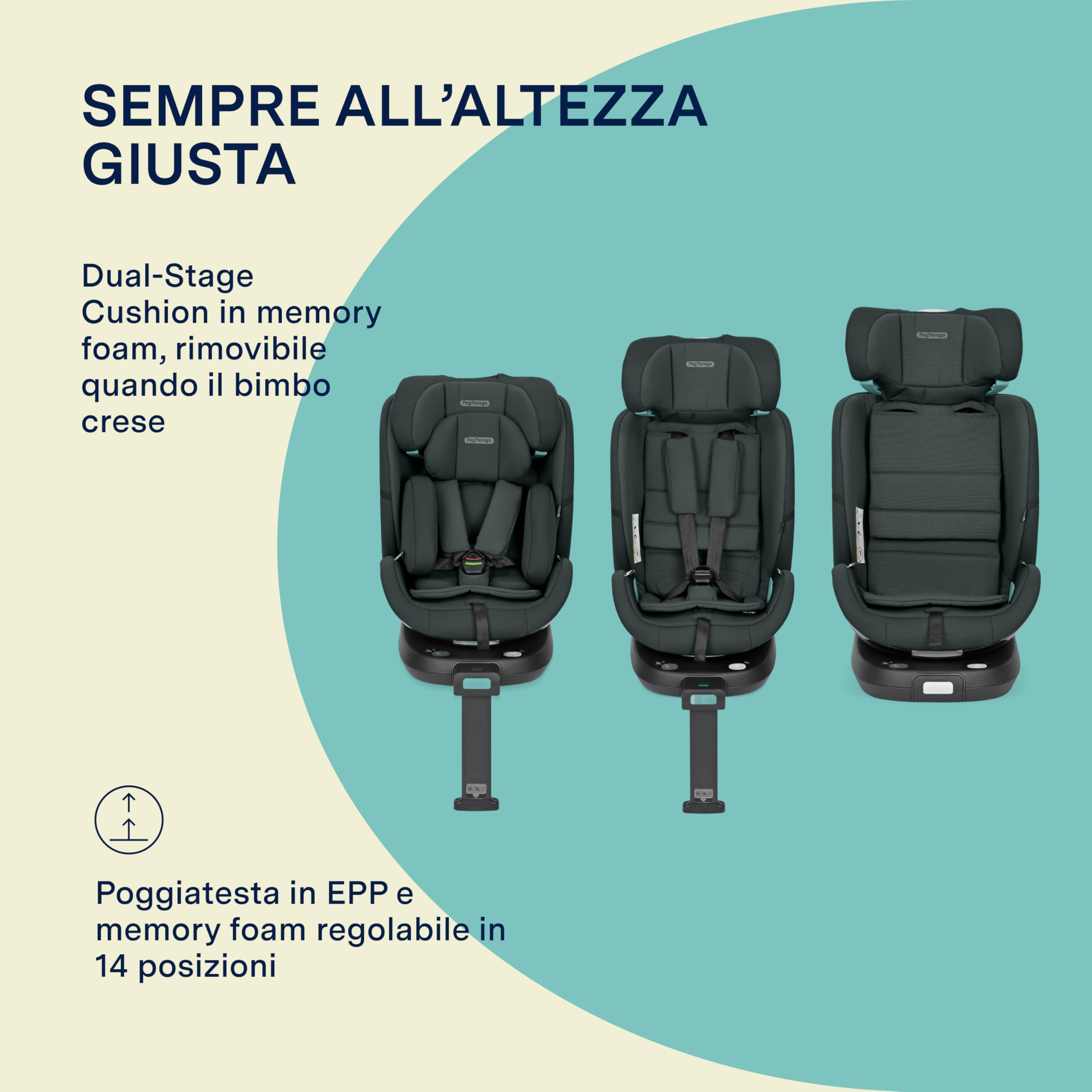 PEG Primo Viaggio 360 EVO Seggiolino Auto Evolutivo All-In-One con ISOFIX, Girevole, Reclinabile, per Bambini dalla nascita a 150 cm (0-12 anni), 0-36 kg, Metal