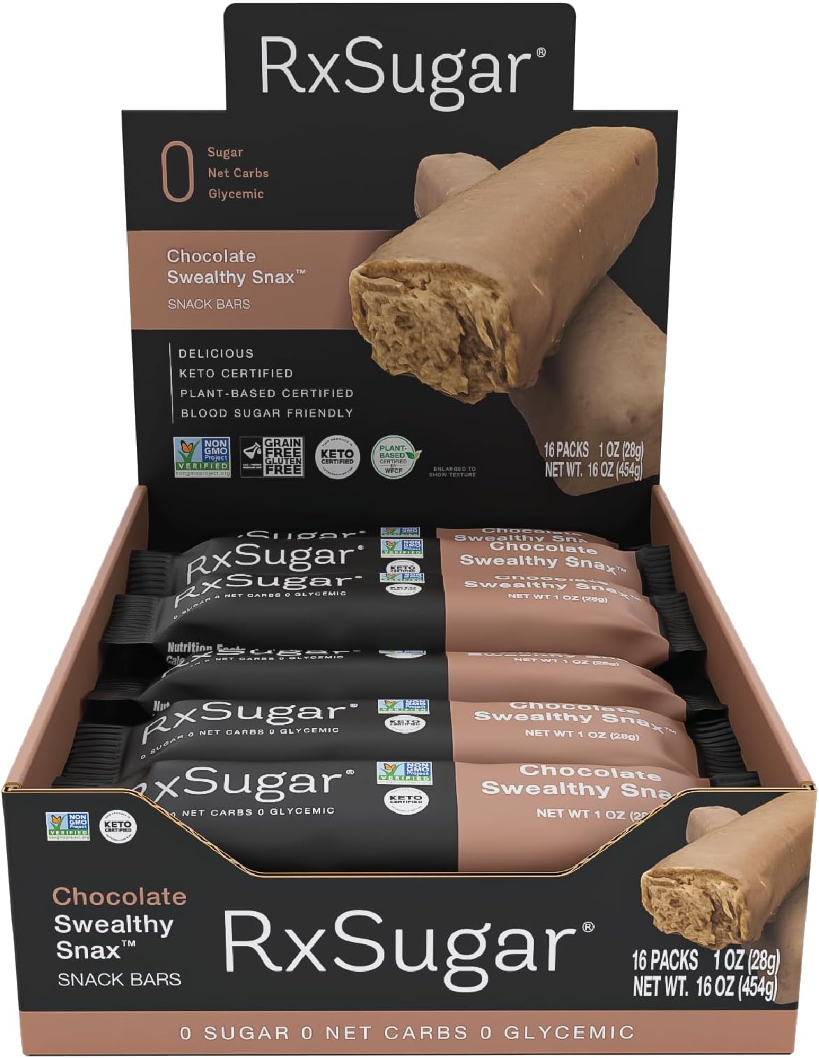 RxSugar Chocolate Swealthy Snax Snack Bars 16 Bars