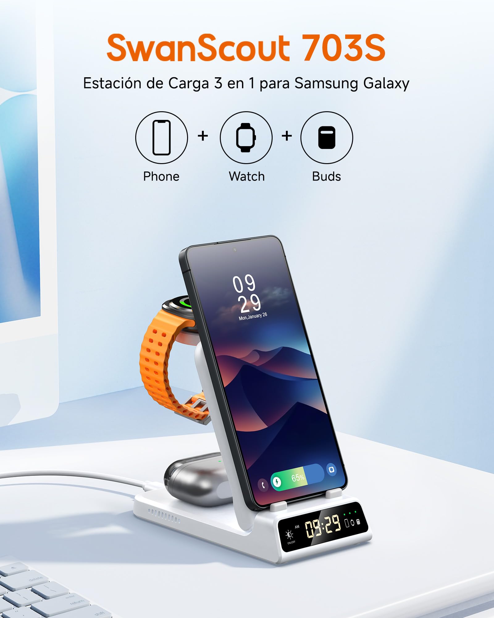 Cargador Inalámbrico para Samsung S26 Ultra, 3 in 1 Estación de Carga para Samsung S26/S25/S24/S23, Base de Carga para Galaxy Watch 8/8 Classic/Ultra/7, Galaxy Buds 4 Pro, SwanScout 703S (No Adapter)