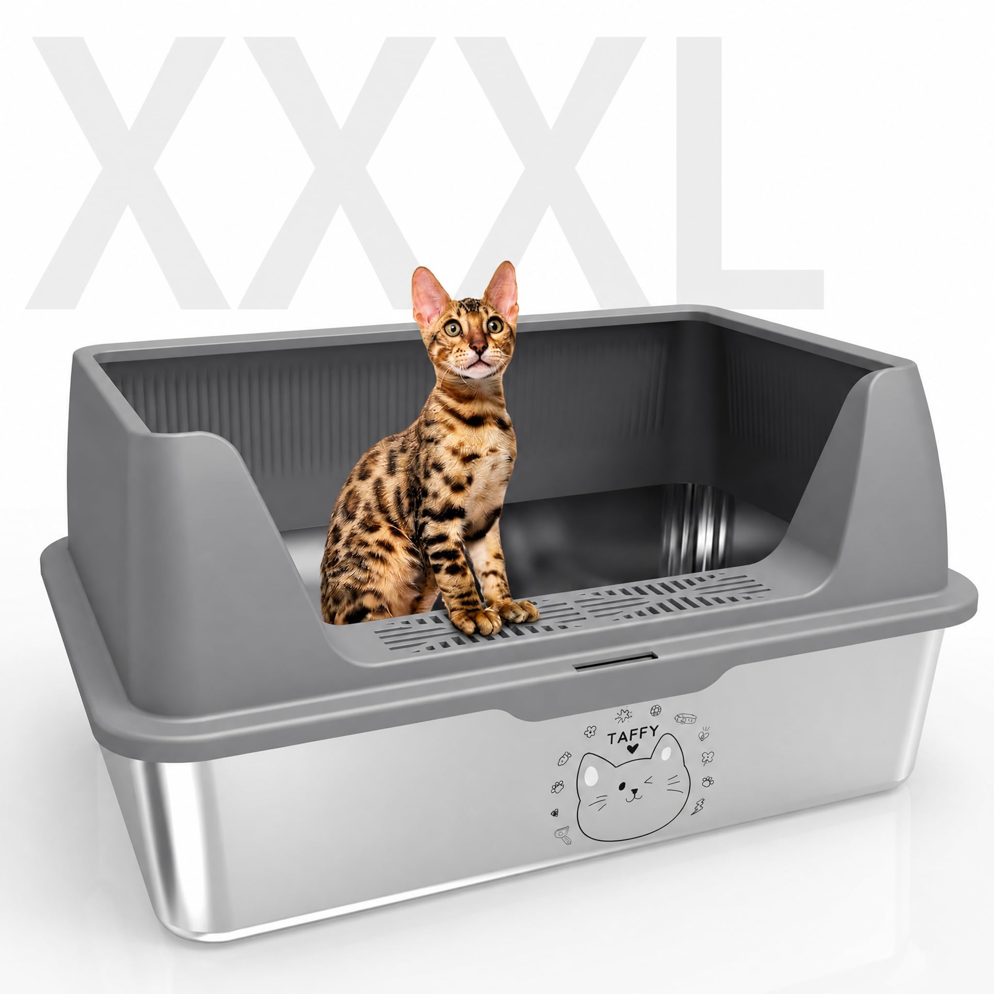 Katzenklo Edelstahl XXXL mit DIY-Aufkleber (60x40x30cm), 37L Katzentoilette Edelstahl mit Deckel, Große Kapazität, Auslaufsicher&Spritzsicher, einfacher EIN- und Ausstieg, Einfach zu Reinigen