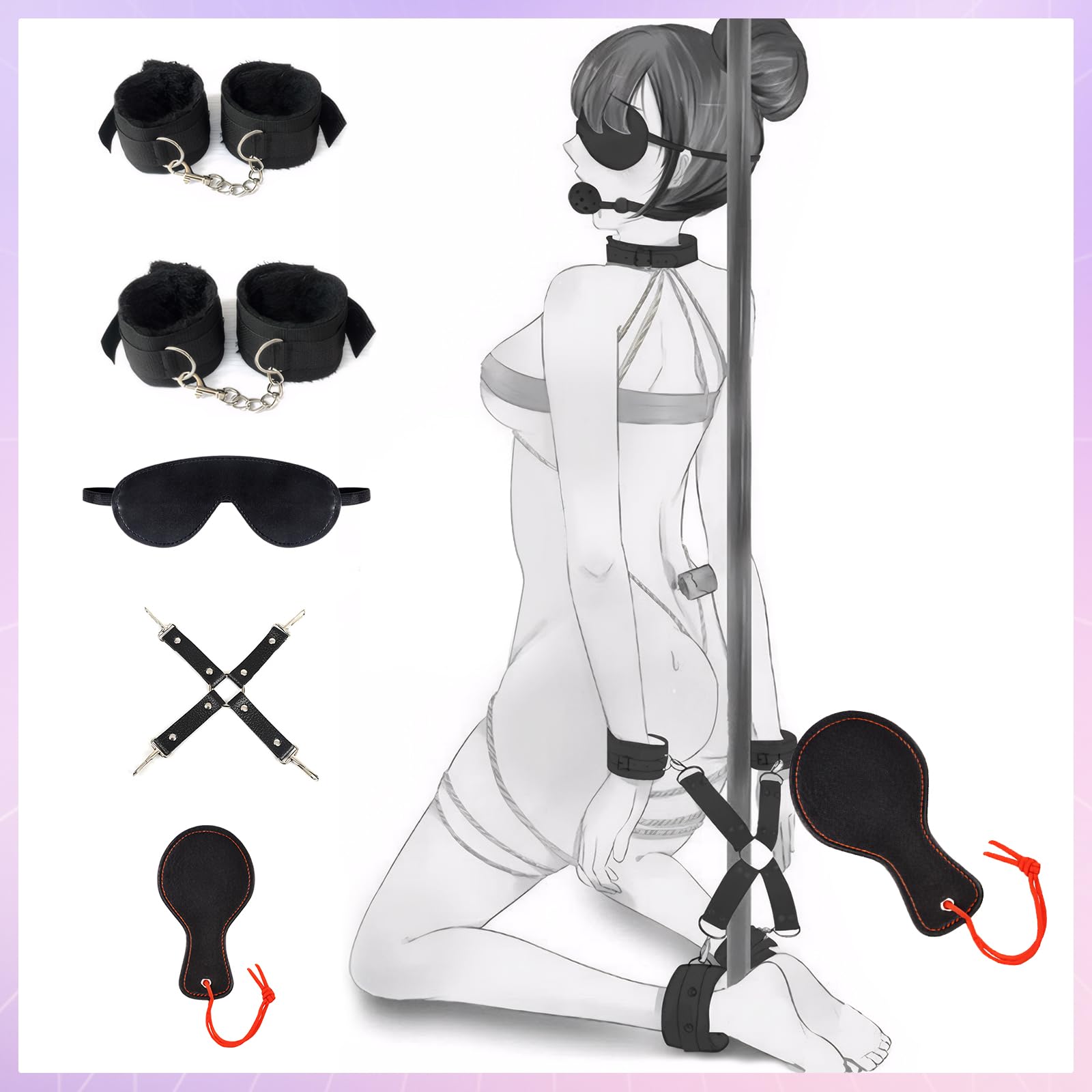 Kit BDSM Bondage 26 Pièces Qoosea pour Couples Menottes Réglables Entraves Cheville Collier avec Set de Plug Anal Pinces à Tétons Fouet Cache-yeux Boule Baillon Jouets Vibrants pour Jeu Sensuel Adulte