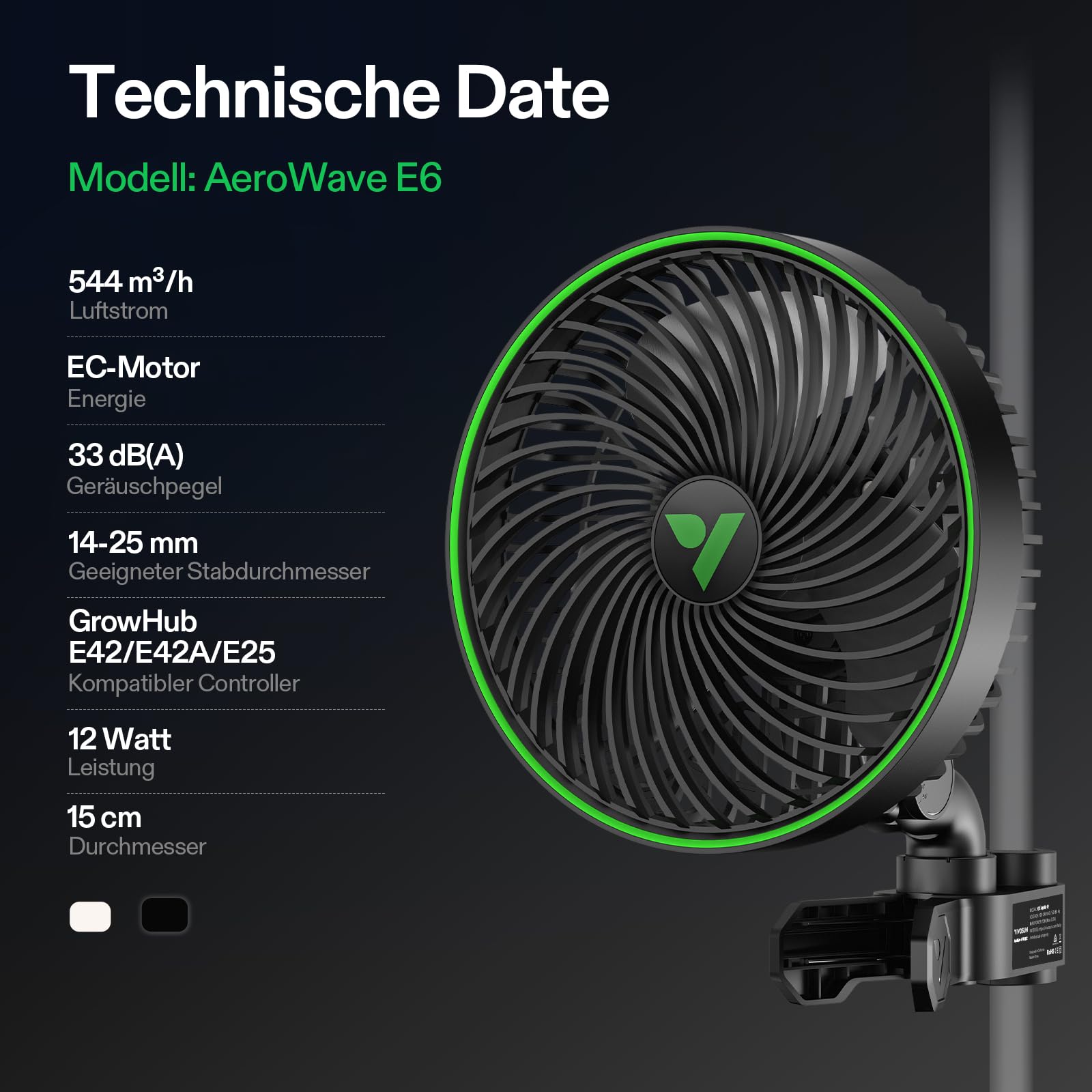 VIVOSUN E6 Gen2 Grow Ventilator Oszillierend Leise Klein for Growzelt, 10 Geschwindigkeiten & 2 Modi, EC-Motor, Clip Ventilator Klemmbar Mini Fan für Growbox, IP54, Timer,APP/WiFi Steuerung Schwarz