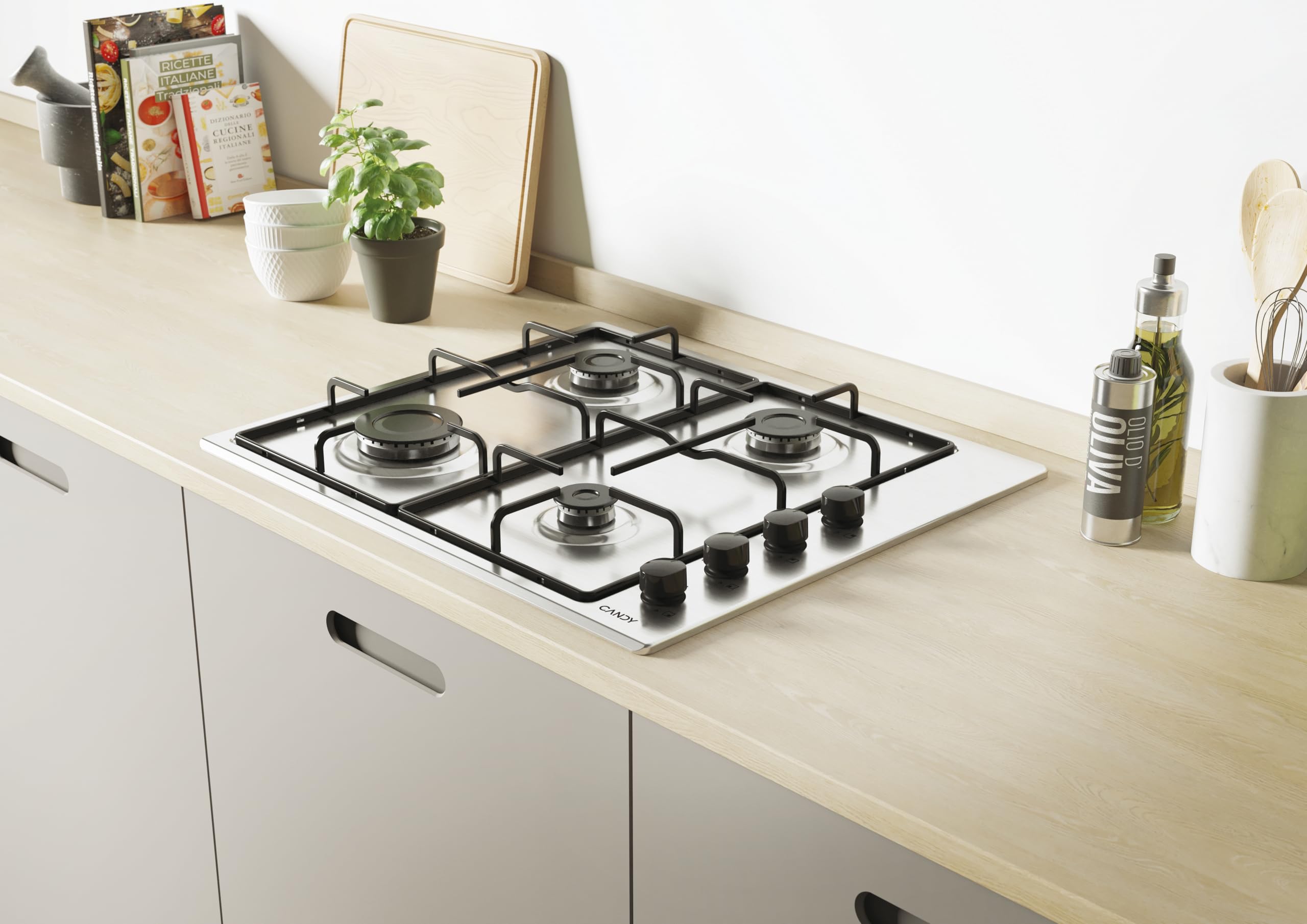 Candy Idea CHW6LBX/4U2, piastra a gas, 4 fuochi, 60 cm, gas naturale adattabile a gas butano, 7,2 kW di potenza, comandi indipendenti laterali, 2 griglie, sistema di sicurezza in fiamma, inox