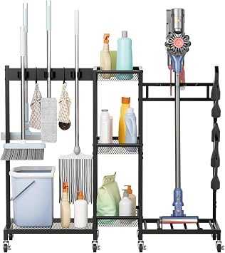 Broom Holder with Cleaning Supplies Organizer, 3-Tier Heavy Duty Steel Storage Rack for Cleaning Supplies, 6 Brooms & Vacuum Attachments, Narrow Utility Carts for Housekeeping Laundry Black