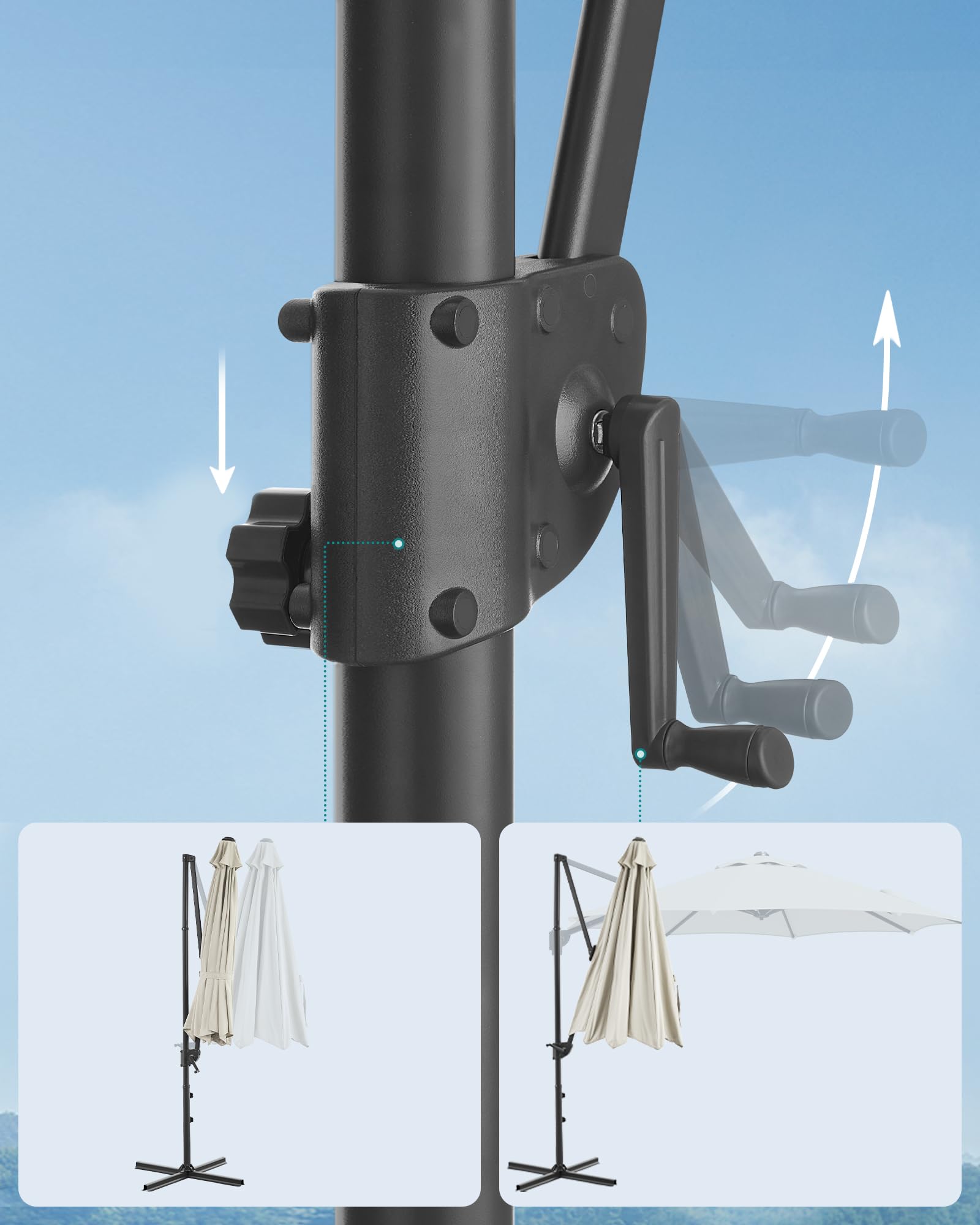 SONGMICS Parasol przeciwsłoneczny, 300 cm, UPF 50+, parasol ogrodowy, obracany o 360°, bezstopniowo regulowany kąt nachylenia, z korbą, stopka krzyżowa