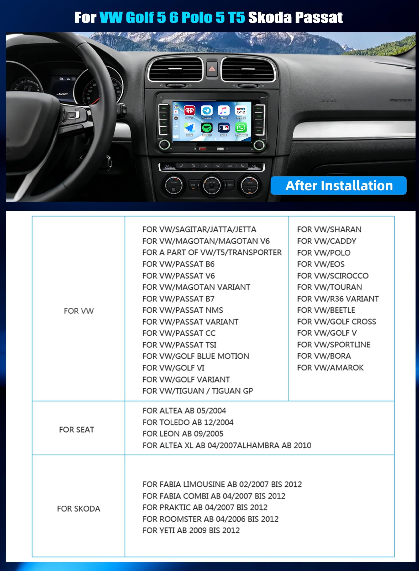 CAMECHO Odtwarzacz samochodowy z CarPlay dla VW Golf 5 i 6 oraz Polo z Android Auto ekranem dotykowym IPS 7 cali 2 Din radio FM AM RDS Bluetooth MirrorLink dwa porty USB SWC i Canbus