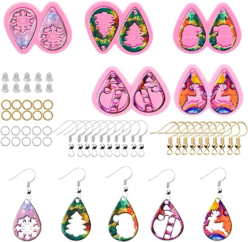 Kit de 105 moldes de resina para aretes, 5 moldes de silicona con temática navideña para joyería de resina, moldes de fundición de epoxi con ganchos