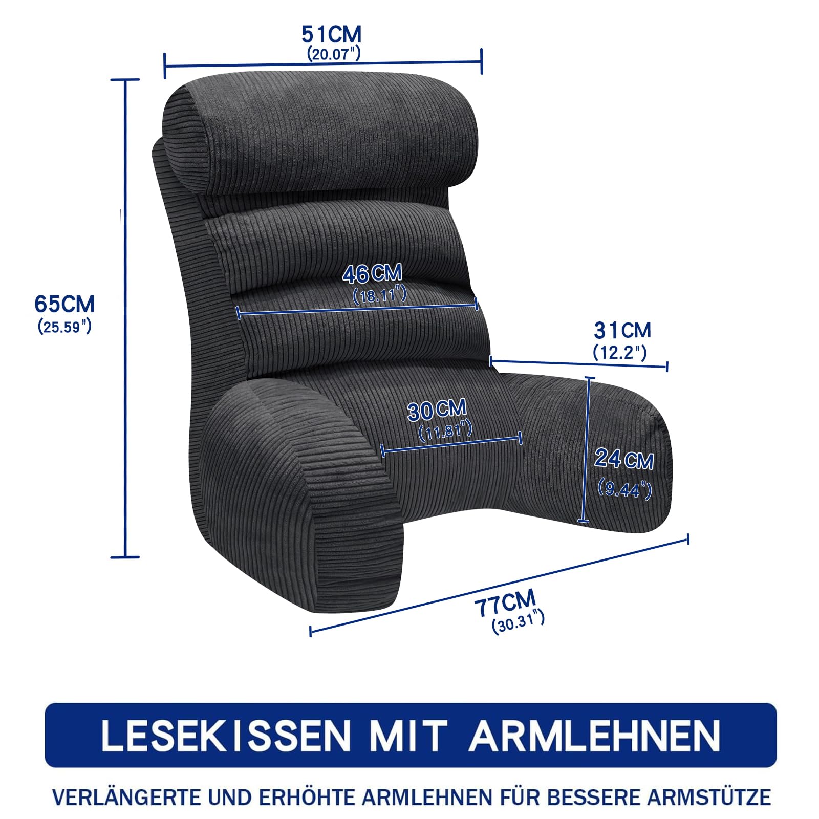 Lesekissen für Bett und Sofa，Rückenkissen für Bett，Lesekissen mit Rückenlehne für Erwachsene ，Bequem zum Sitzen, Lesen & Fernsehen in Boden oder Sofa（Charcoal，65 * 30cm）