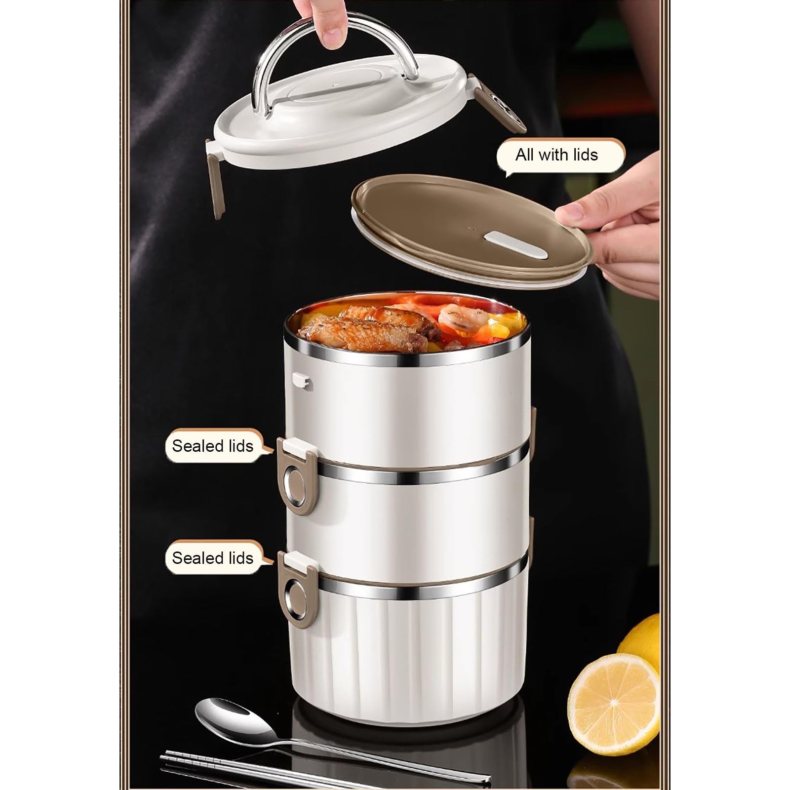 Porta Pranzo, Borse Termiche Porta Pranzo, Bento box in Acciaio inox con Divisori, Lunch box di Grande Capacità con Chiusura Ermetica, con Posate(White,Large)