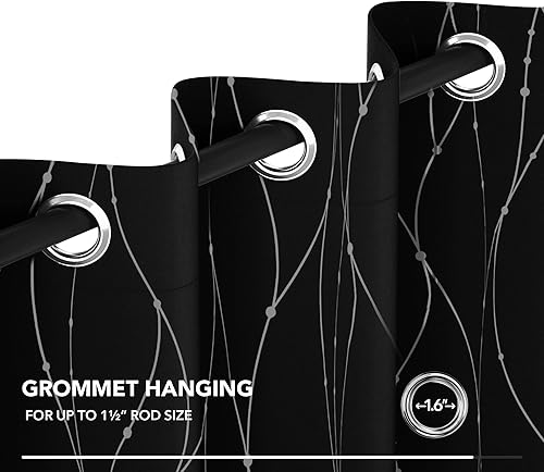 Miniatura 6 de Deconovo Cortinas blackout negras para sala de estar 63pulgadas de largo cortinas con ojales para ventana con patrón de línea ondulada y puntos 42 x
