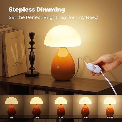 Miniatura 4 de Lámpara de hongo, lámpara de mesa pequeña vintage para dormitorio, luz nocturna LED de cerámica para niños, lámpara de noche moderna de mediados de