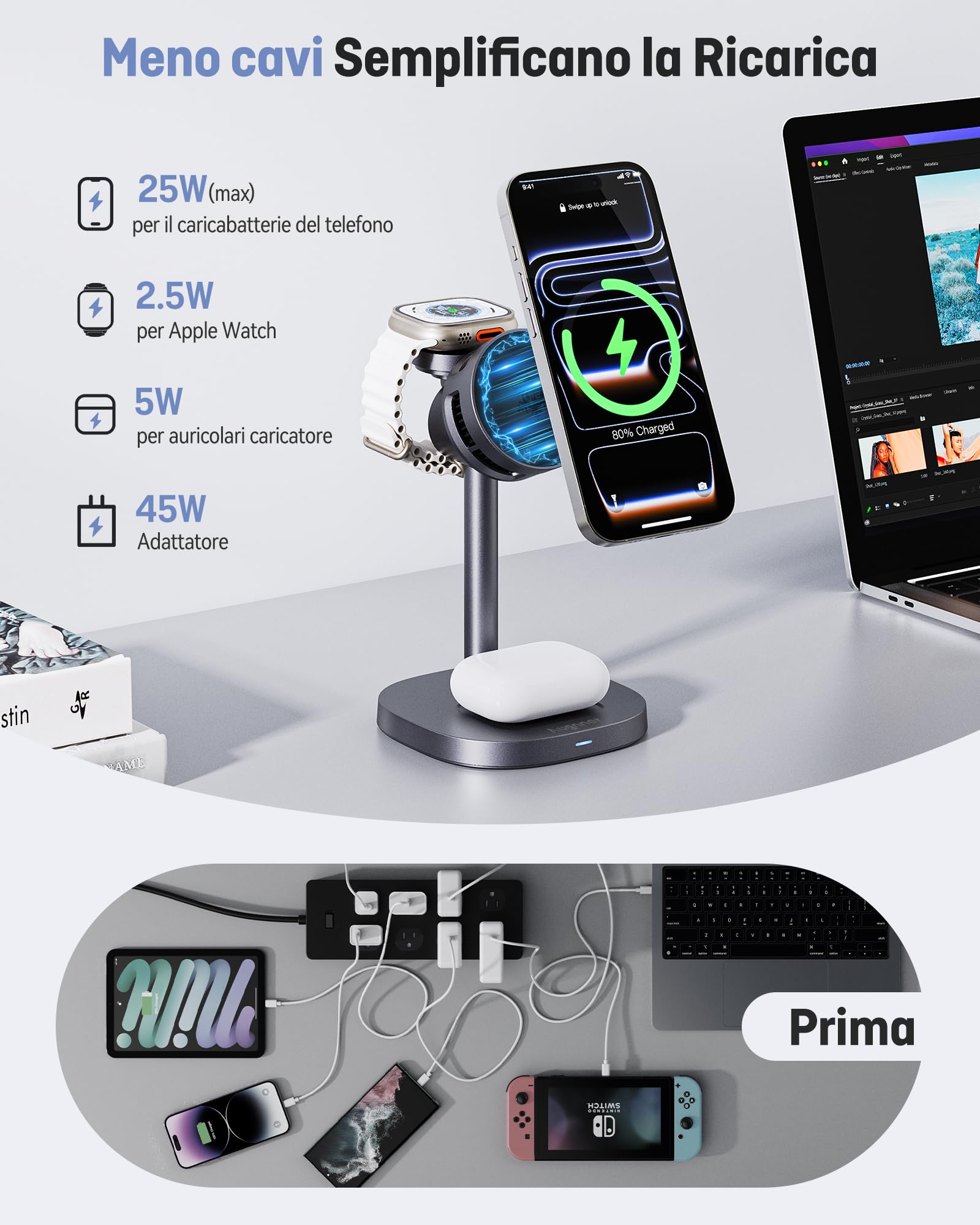 Augnner 3 in 1 Caricatore Wireless,Qi2.2 25W Caricabatterie Magnetico Rapido con Raffreddamento Attivo TEC,Stazione Ricarica Wireless Mag-Safe per iPhone17/16/15/14/13/12,Apple Watch/AirPods