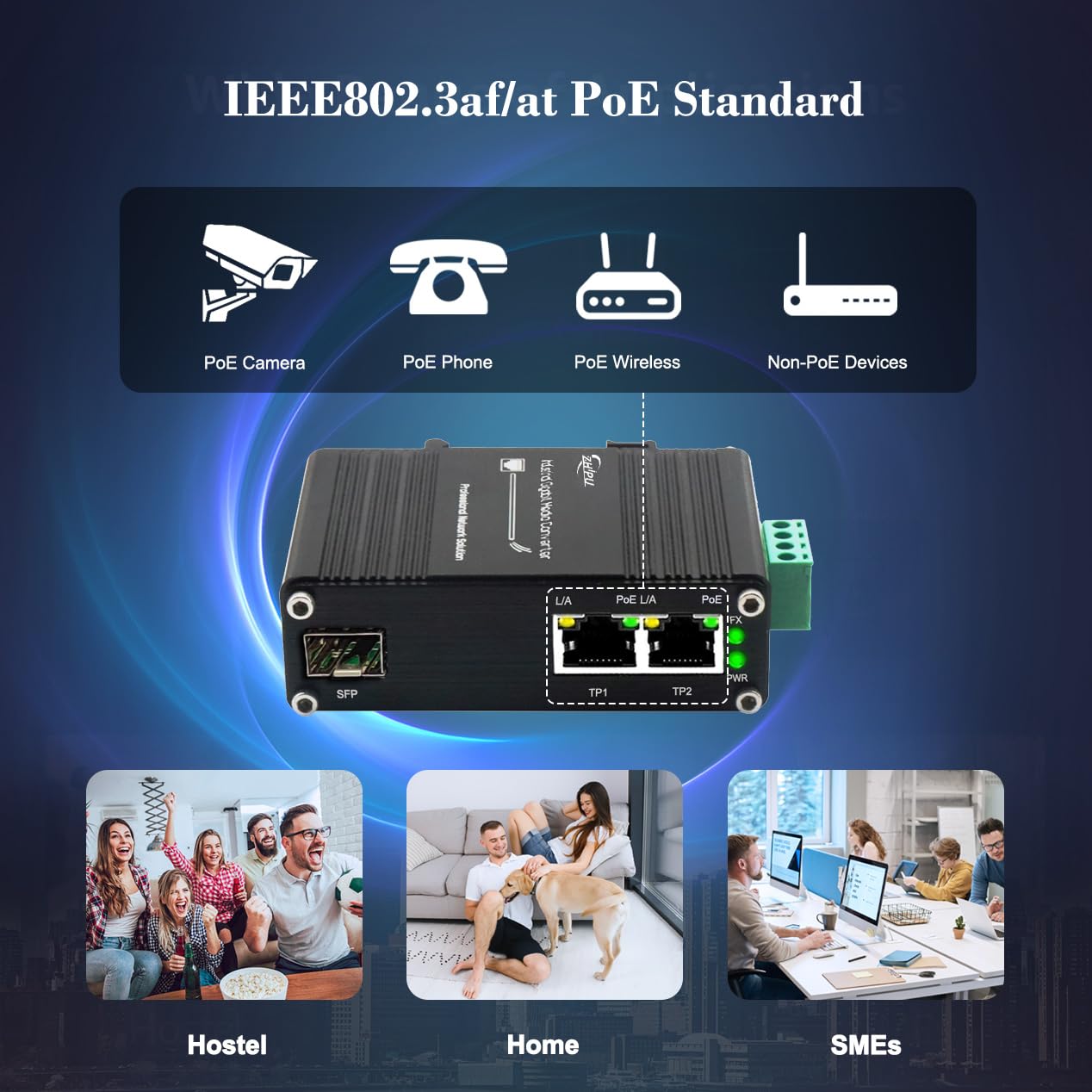 Mini convertisseur de média à fibre Gigabit industriel à 2 ports prenant en charge l'installation sur rail DIN, commutateur à fibre IEEE 802.3af/at 30 W PoE+ avec 2 ports RJ45 et 1 port SFP, entrée