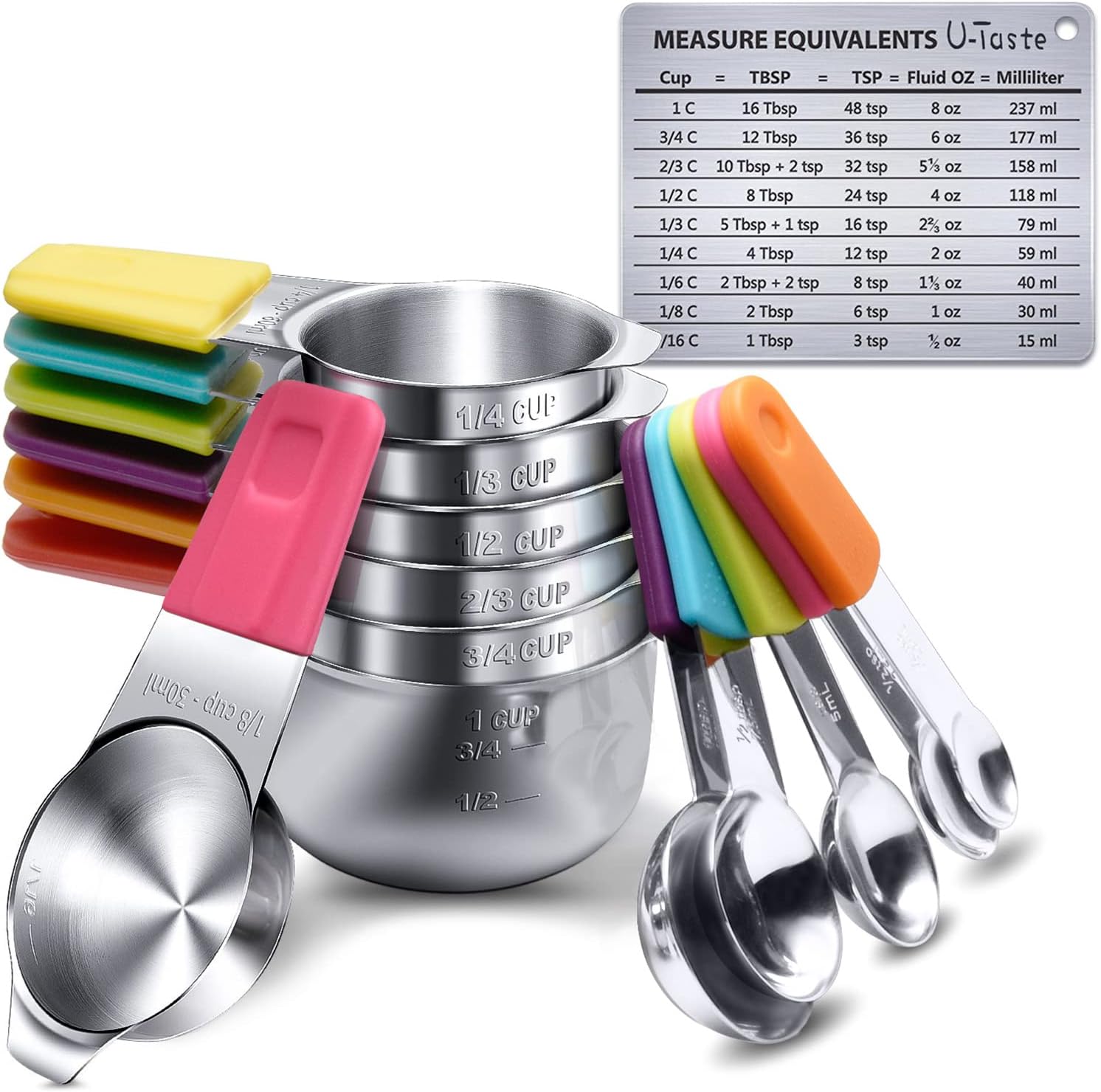 U-Taste Magnetic Measuring Cups and Spoons Set of 13 by 18/8 Stainless Steel, 7 Cups & 5 Spoons with 1 Professional Magnetic Measurement Conversion Chart (Color)
