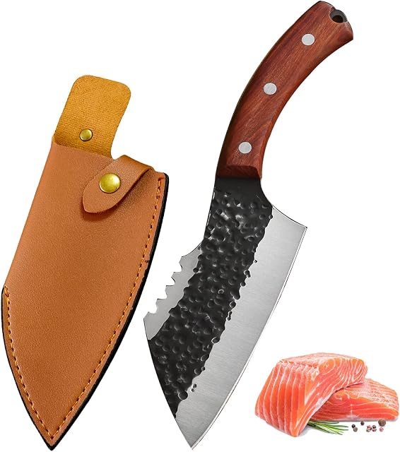 Fubinaty 6 Inch Chef Knife Professional Handmade Forged Kitchen Knives Multipurpose High Carbon Steel Cooking Knife with Leather Sheath and Full Tang Solid Wood Handle for Home, Camping, BBQ
