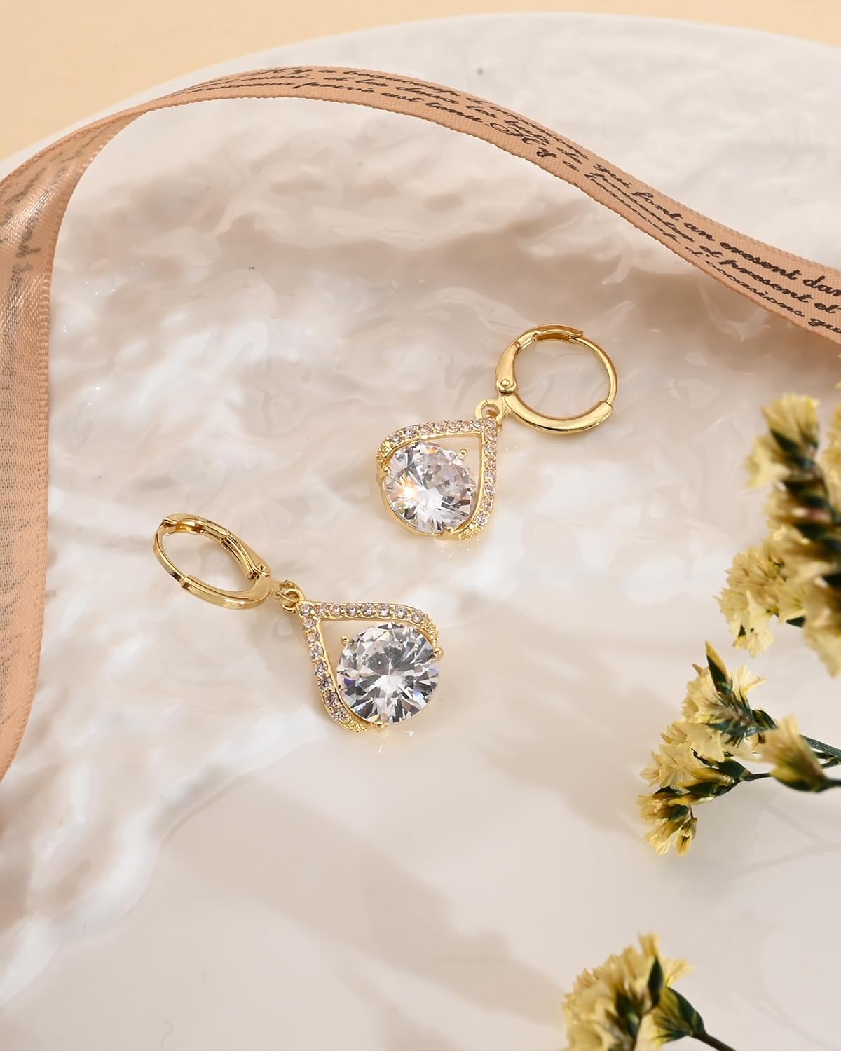 14K Gold Plated Round CZ Drop Dangle Earrings with 10MM Cubic Zirconia, Hypoallergenic Small Gold Huggie Hoop Earrings, Accents for Everyday Elegance - Image 7