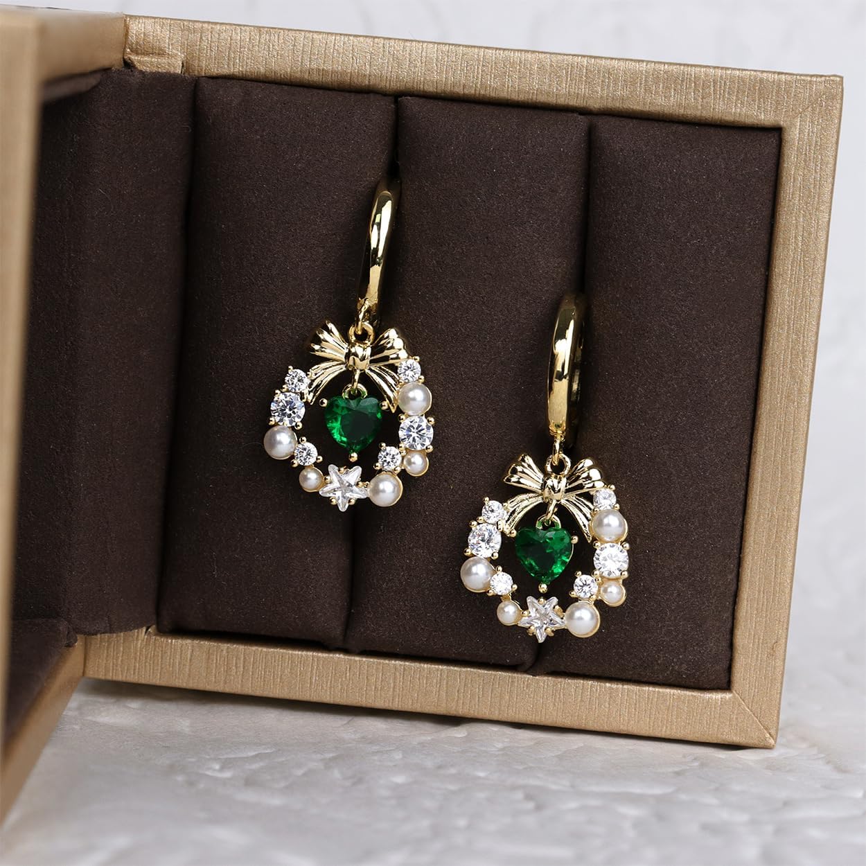 Sonateomber Gold Bow Heart dangle Drop Small Hoop Earrings for Women, Valentines Day Green Emerald Crystal love Earrings Dangling Christmas Holiday Prom Fashion Jewelry Gifts - Image 5