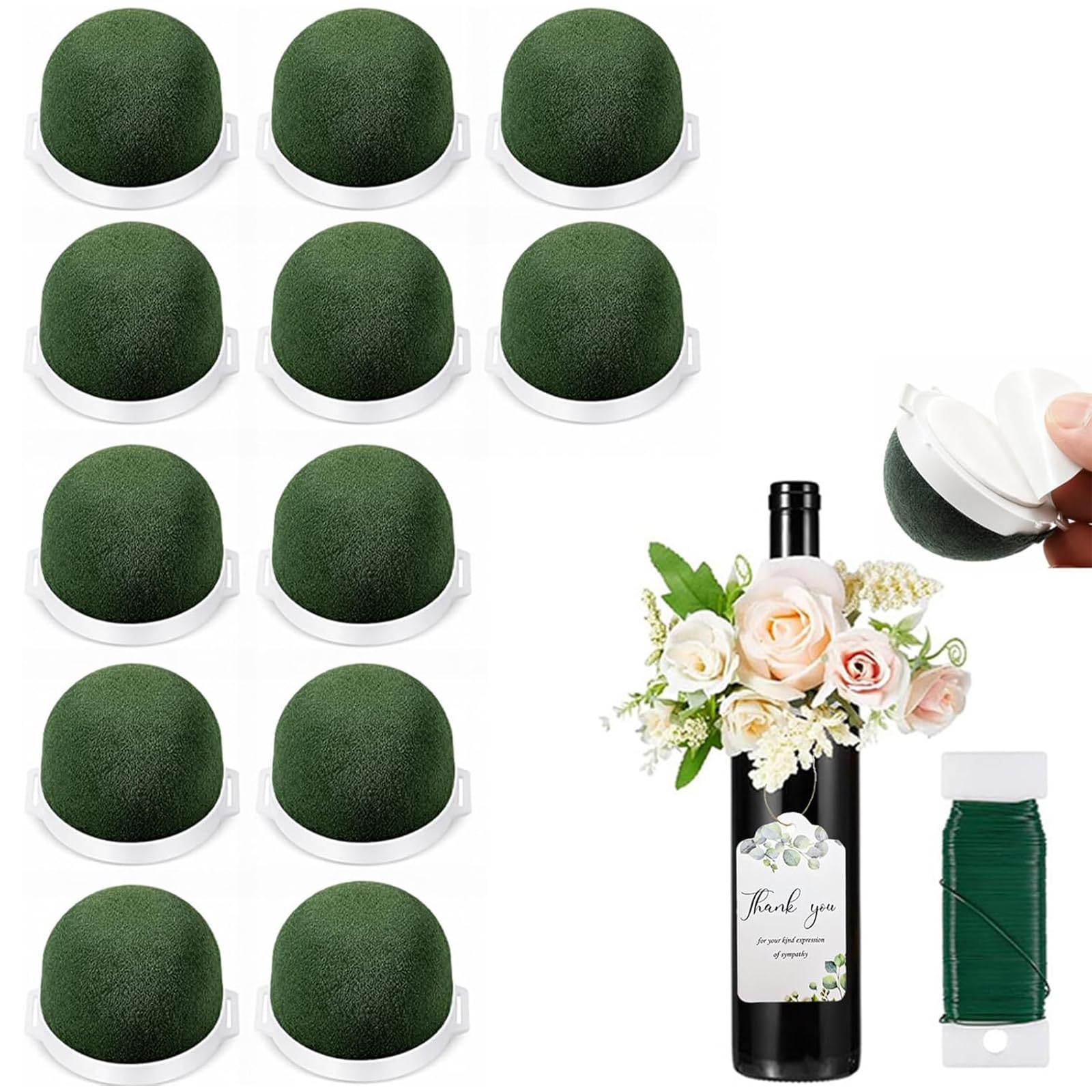 ALINUOYQ 12PCS Mini Floral Foam Holder for Wine Bottle, Round Flower Foam Holder with Floral Wire, Mini Wet Dry Flower Arrangement Supplies for Wine Bottle Decor Wedding Table Centerpieces DIY