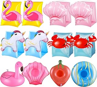 8 Pcs Kids Swim Arm Floaties Inflatable Swim Arm Bands Floater Sleeves with 4 Pcs Inflatable Drink Holder Cartoon Swimming Rings Tube Armlets for Toddler Boys Girls