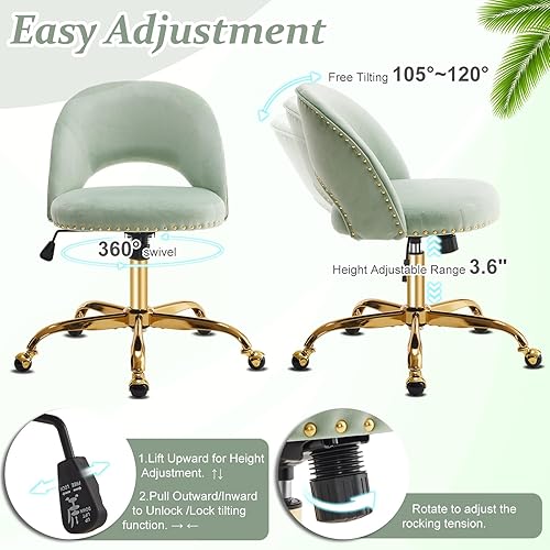 Miniatura 7 de VINGLI Silla de oficina pequeña de terciopelo moderna, bonita silla de escritorio con ruedas, base doradatachuelas, cómoda silla giratoria sin