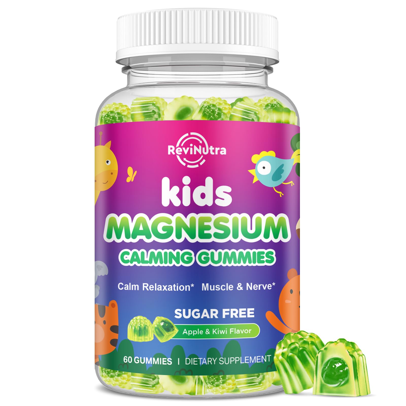 Center-Filled Kids Magnesium Gummies - Magnesium Glycinate Gummies for Kids & Adults with L-Theanine, Chamomile, Licorice, Vitamin D, B6 for Sleep, Relaxation, Brain & Muscle - Sugar Free Apple & Kiwi Apple & Kiwi 60 Count (Pack of 1)
