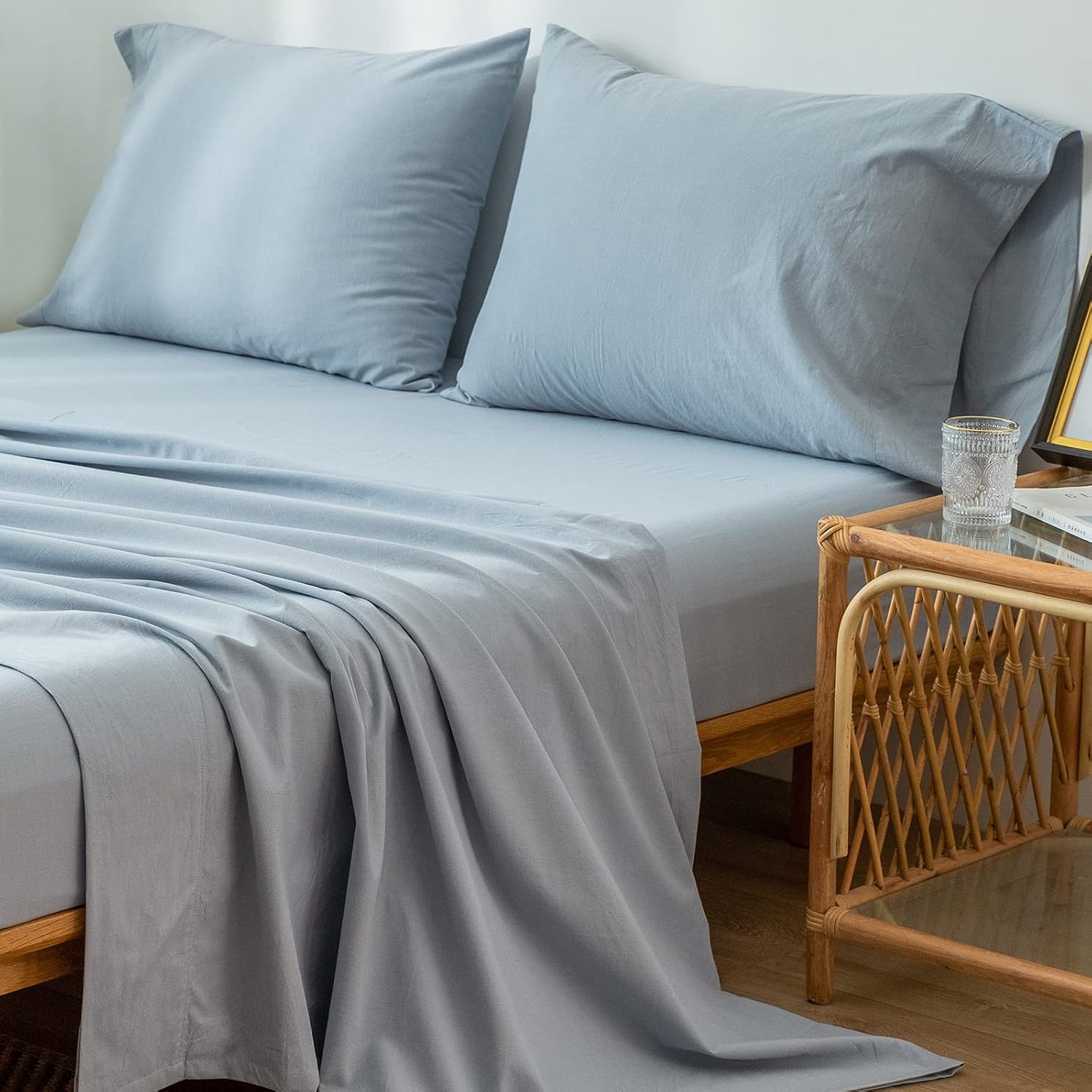 MooMee Bedding Sheet Set 100% Washed Cotton Linen Like Textured Breathable Durable Soft Comfy (Cornflower Blue, King)
