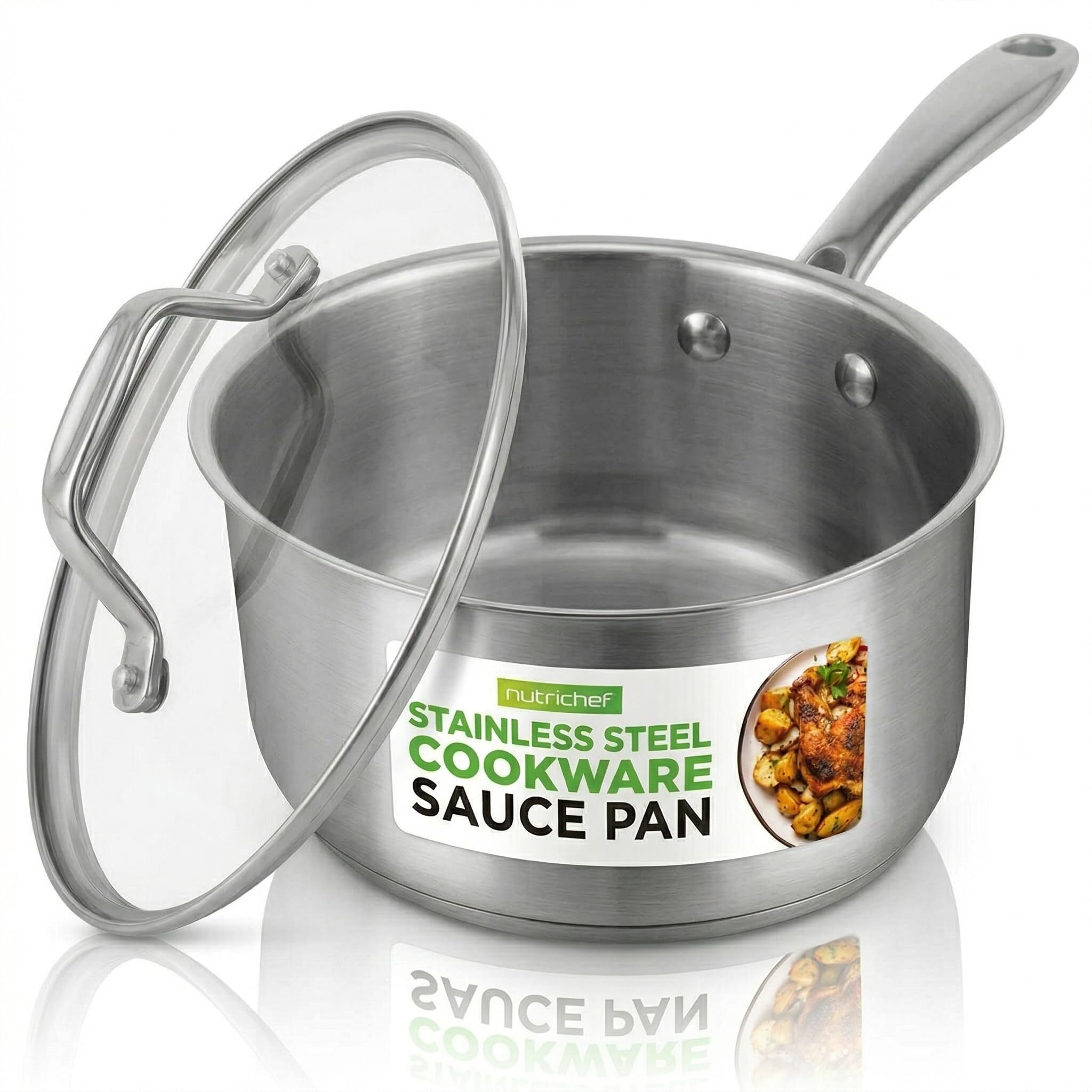 NutriChef Stainless Steel Saucepan 2.8 Litre with Glass Lid – Cooking Pan Small Soup Pot for Induction, Gas, Ceramic and Electric Hobs