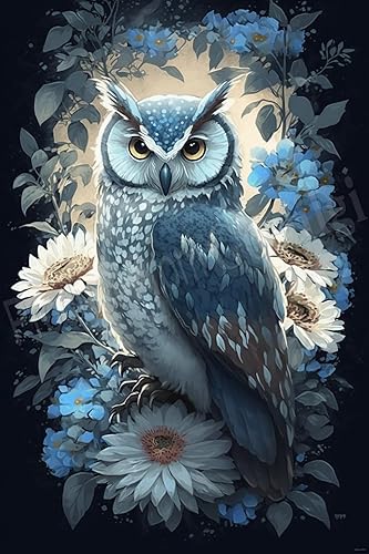 Goelilgi Kits de pintura de diamantes por números, taladro completo búho azul y flor para adultos y niños, bordado de diamantes de imitación de