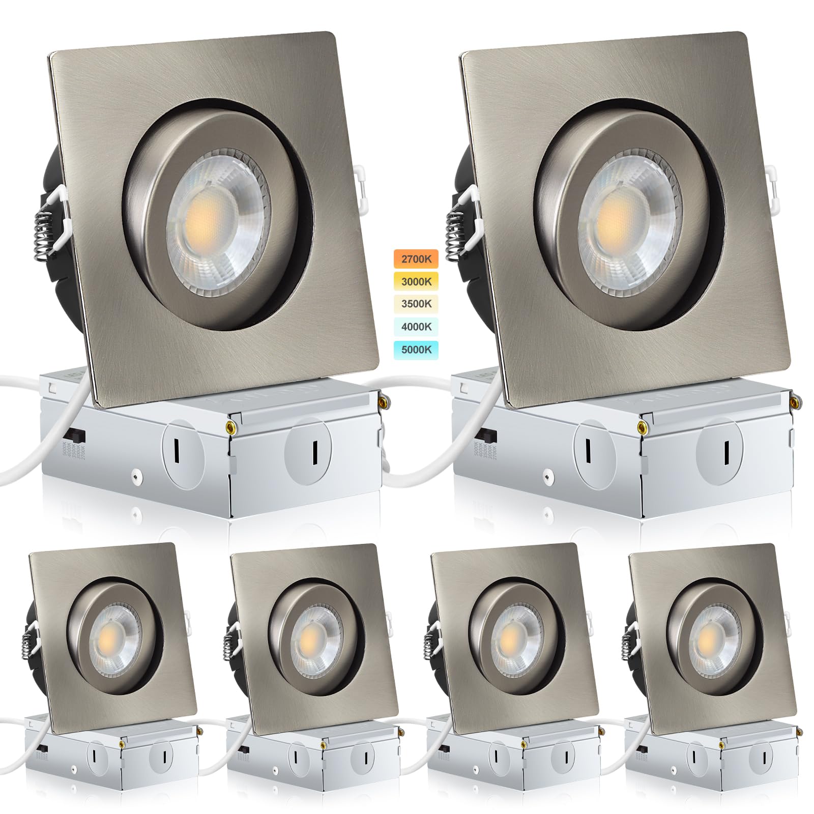 Brushed Nickel Recessed Lights Square 4 inch 6 Pack,Spot Recessed Lights,dimmable, 5CCT Selectable,9W 750LM