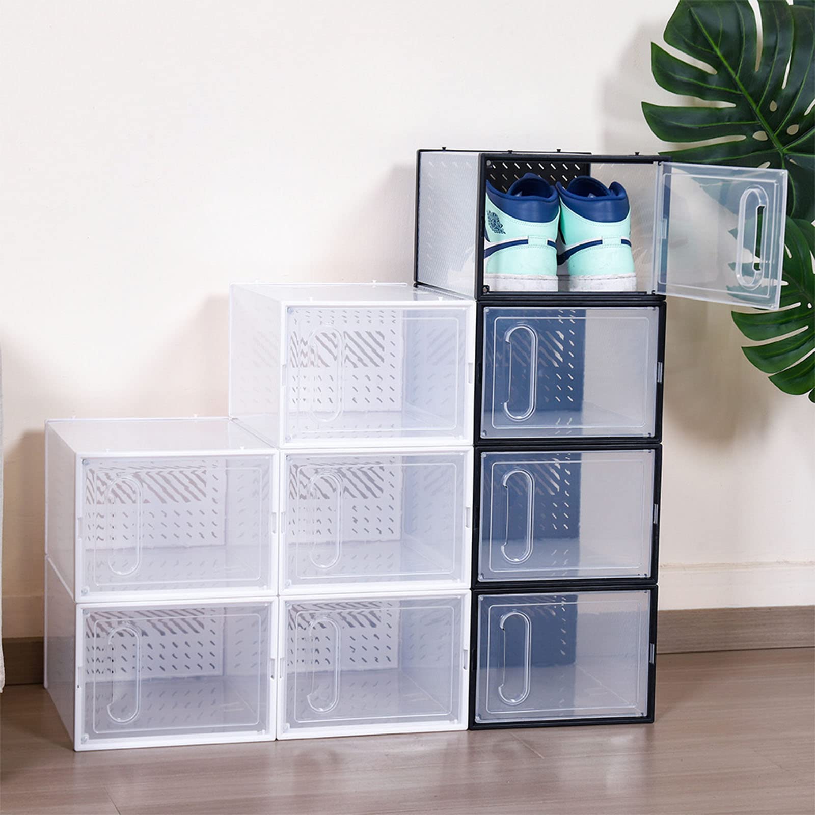 Cajas apilables de plástico transparente para zapatos, paquete de 12 cajas de almacenamiento para zapatos con puerta magnética, diseño de ventilación y a prueba de polvo, color negro